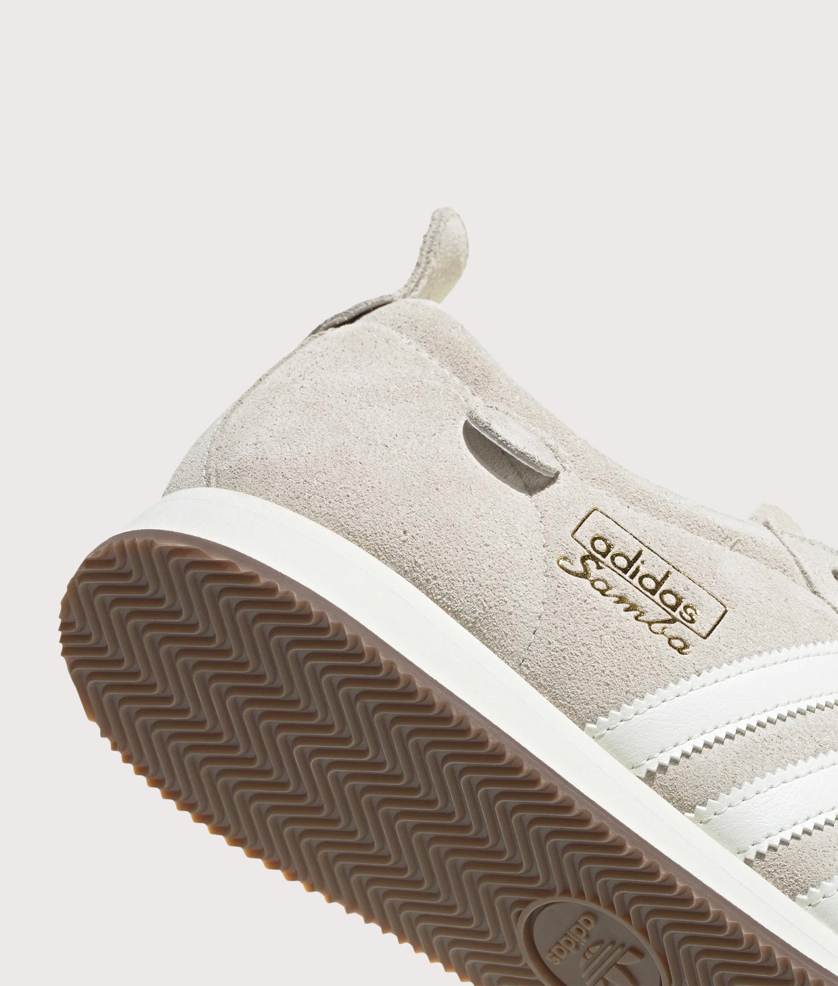 adidas Originals Samba 62 Super Trainers in Off White and Gold Metallic at EQVVS Menswear. Detail shot.