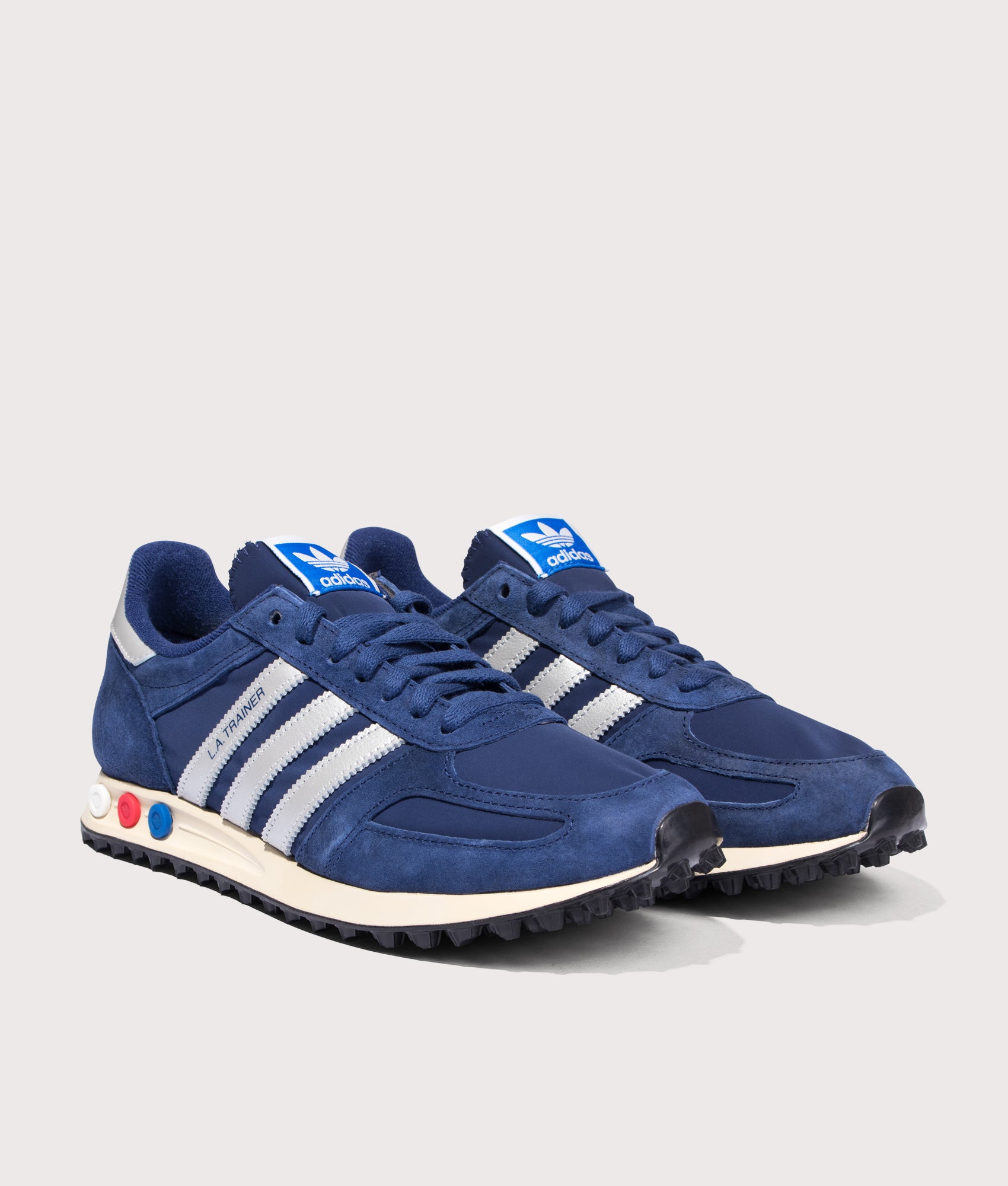 LA Trainer in Dark Blue/Silver Metallic/Off White | adidas Originals | EQVVS | Front shot 