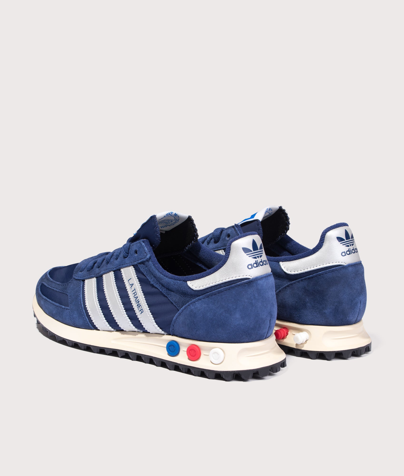 LA Trainer in Dark Blue/Silver Metallic/Off White | adidas Originals | EQVVS | Back shot 