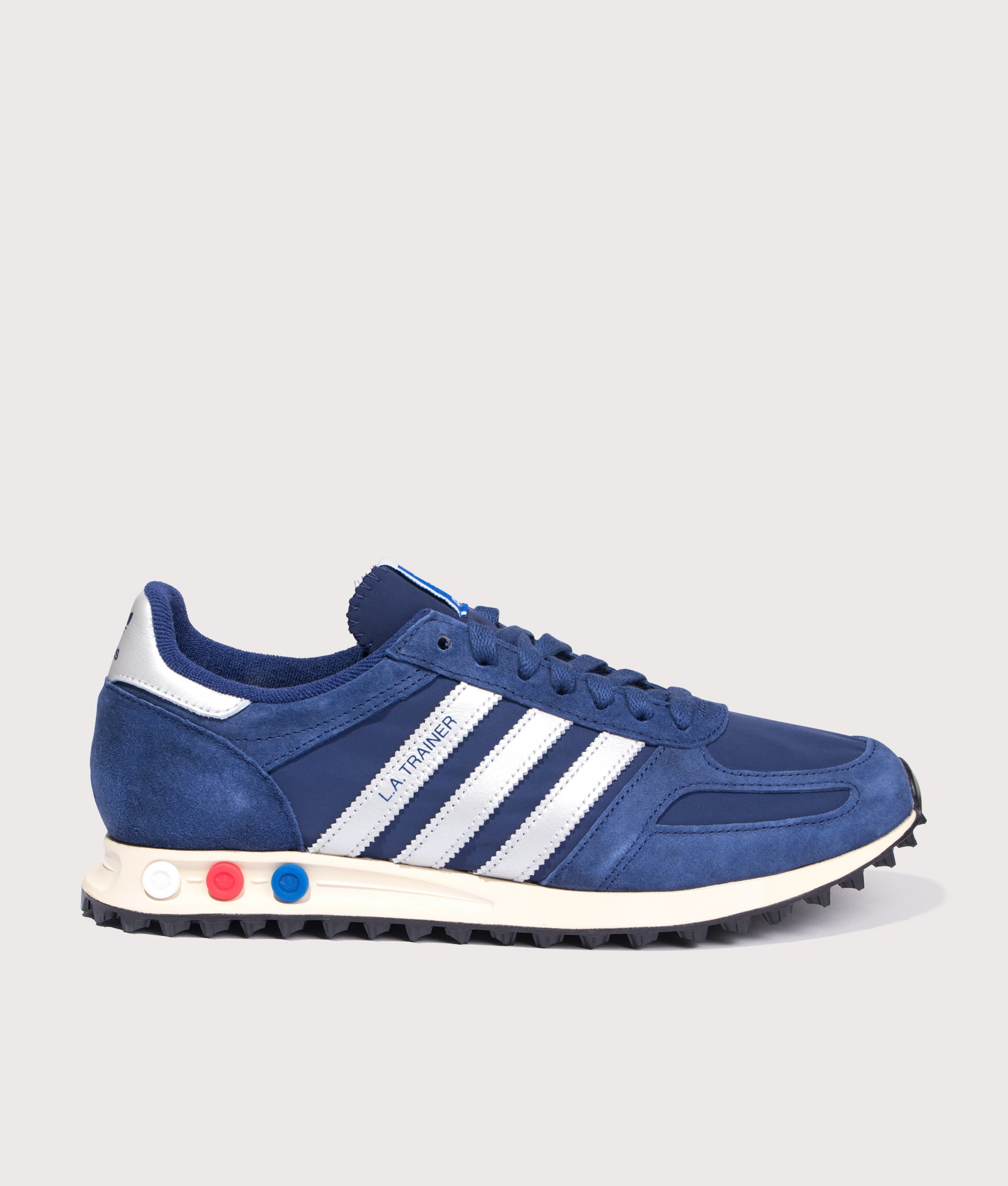LA Trainer in Dark Blue/Silver Metallic/Off White | adidas Originals | EQVVS | Side shot 2 