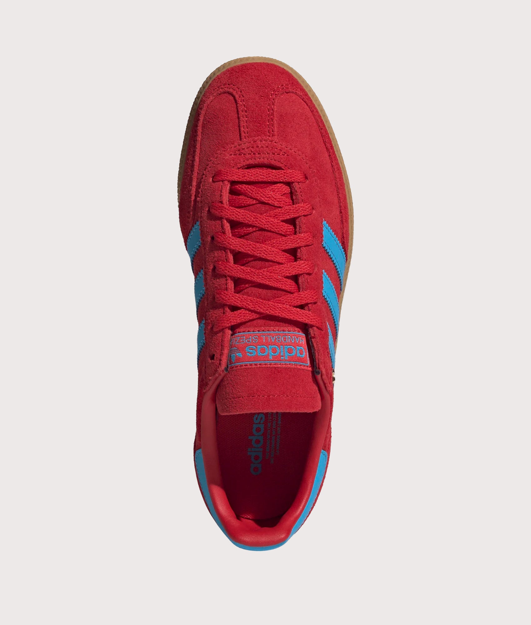 adidas Originals Handball Spezial Trainers in Better Scarlet, Lucid Aqua and Gold Metallic at EQVVS Menswear. Top shot.