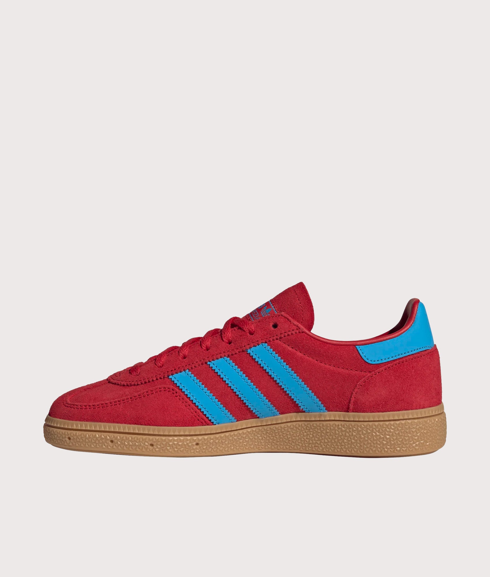 adidas Originals Handball Spezial Trainers in Better Scarlet, Lucid Aqua and Gold Metallic at EQVVS Menswear. Side detail shot.