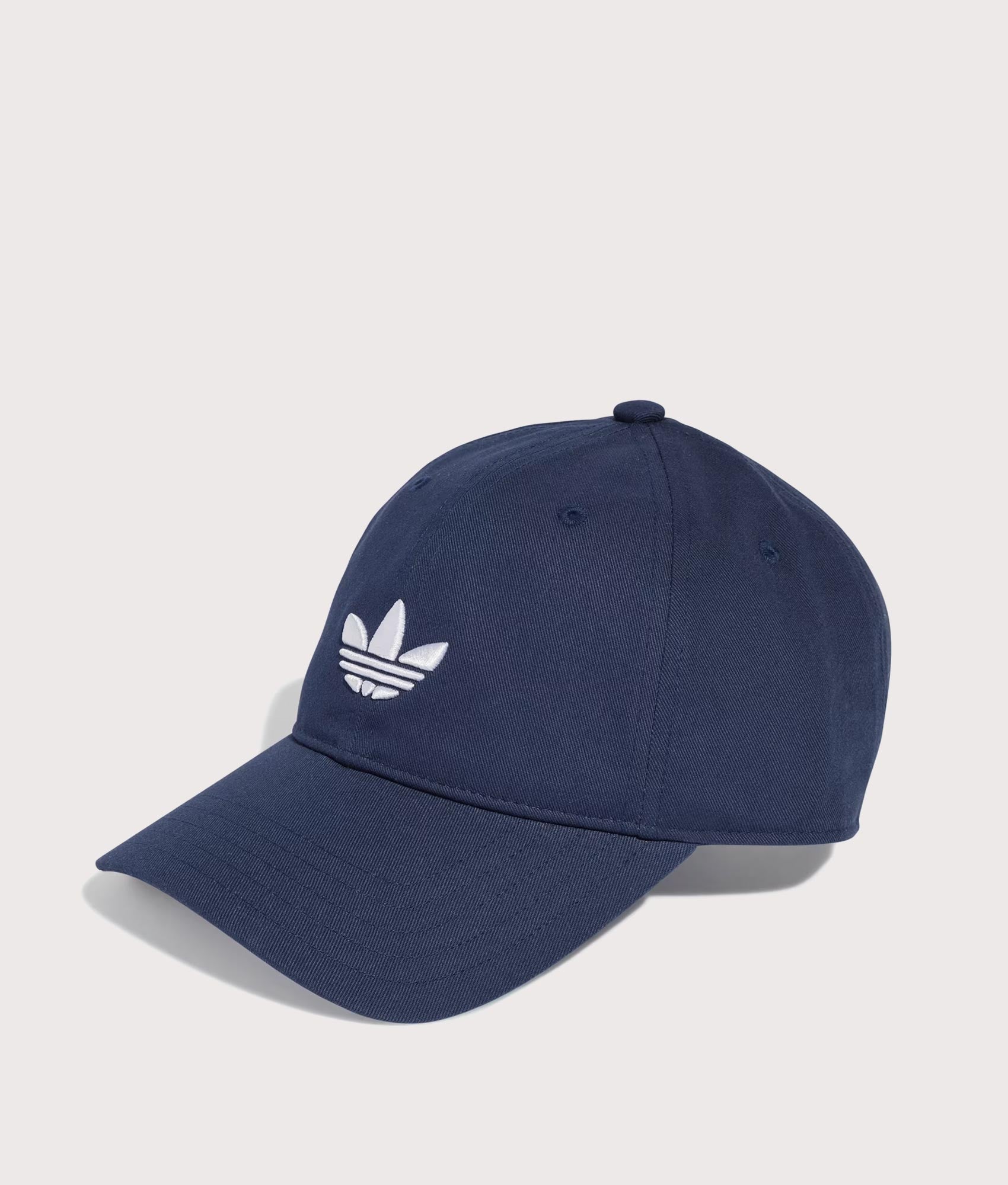 adidas Originals Adicolor Classic Trefoil Baseball Cap in Night Indigo and White at EQVVS Menswear. Angled front shot.