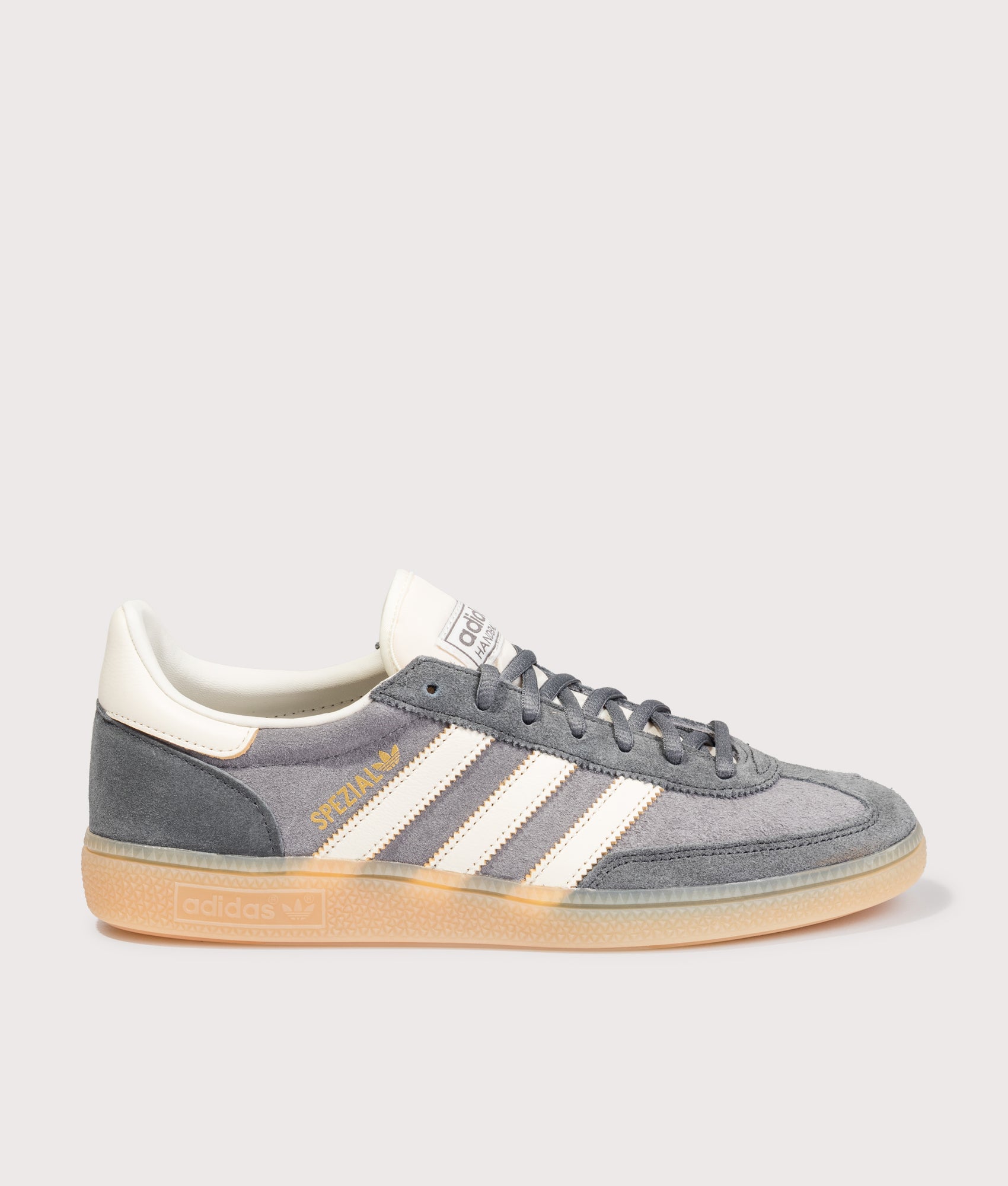 adidas Originals Handball Spezial Trainers in Grey Four, Off White and Grey Six at EQVVS Menswear. Side shot.