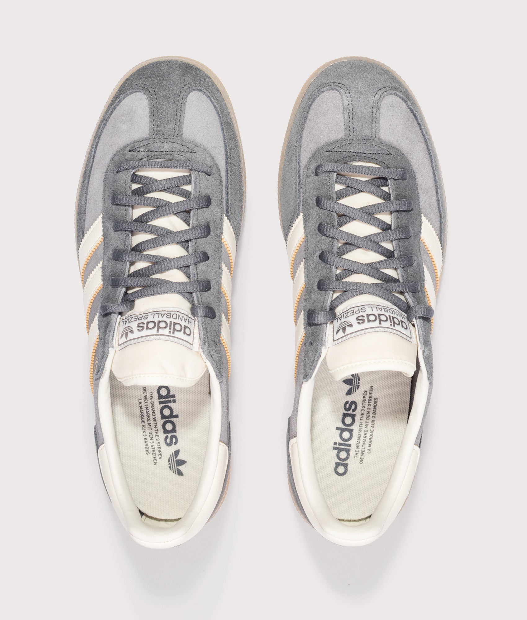 adidas Originals Handball Spezial Trainers in Grey Four, Off White and Grey Six at EQVVS Menswear. Top shot.