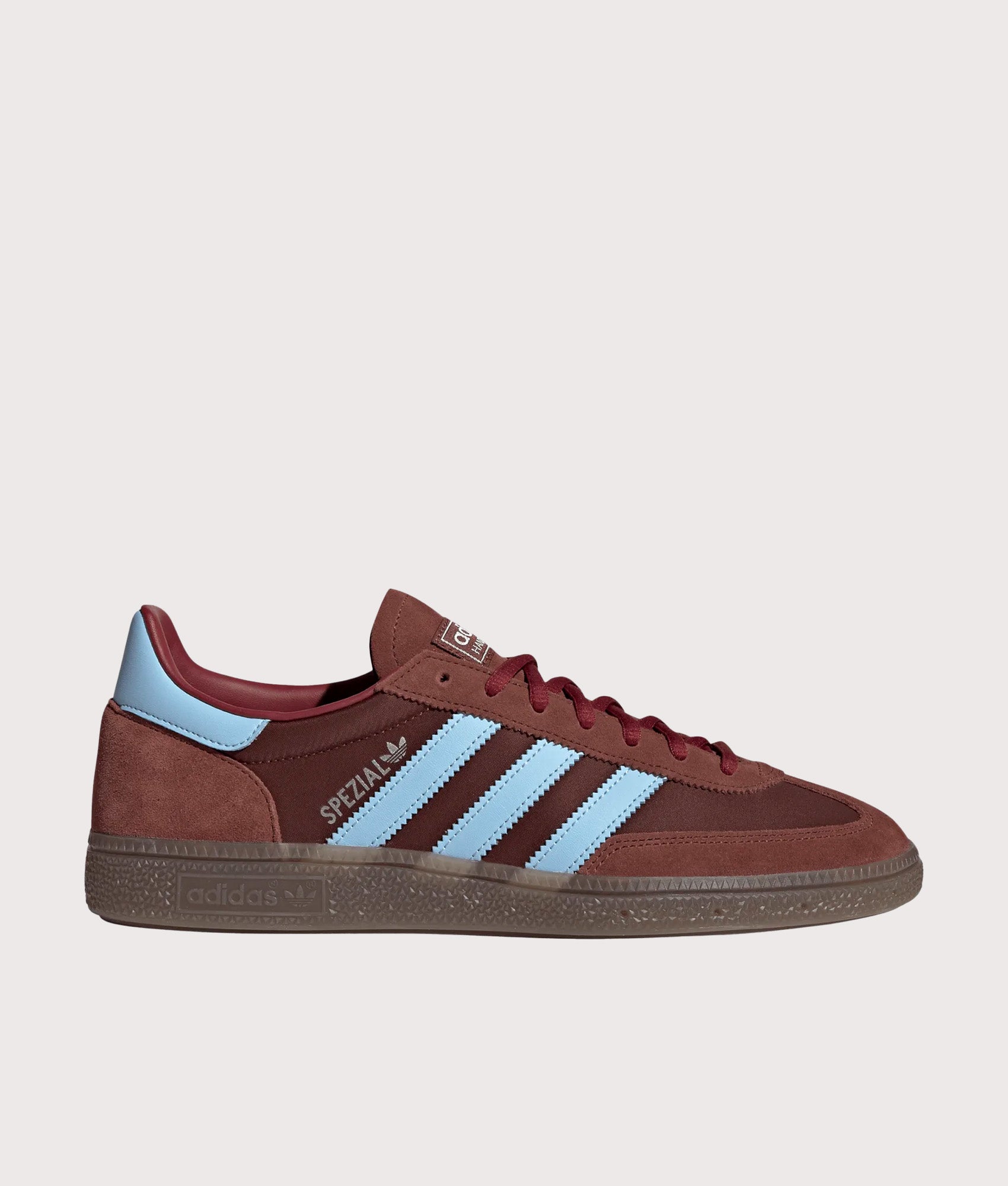adidas Originals Handball Spezial Trainers in Fox Brown, Clear Sky and Gum 5 at EQVVS Menswear. Side shot.