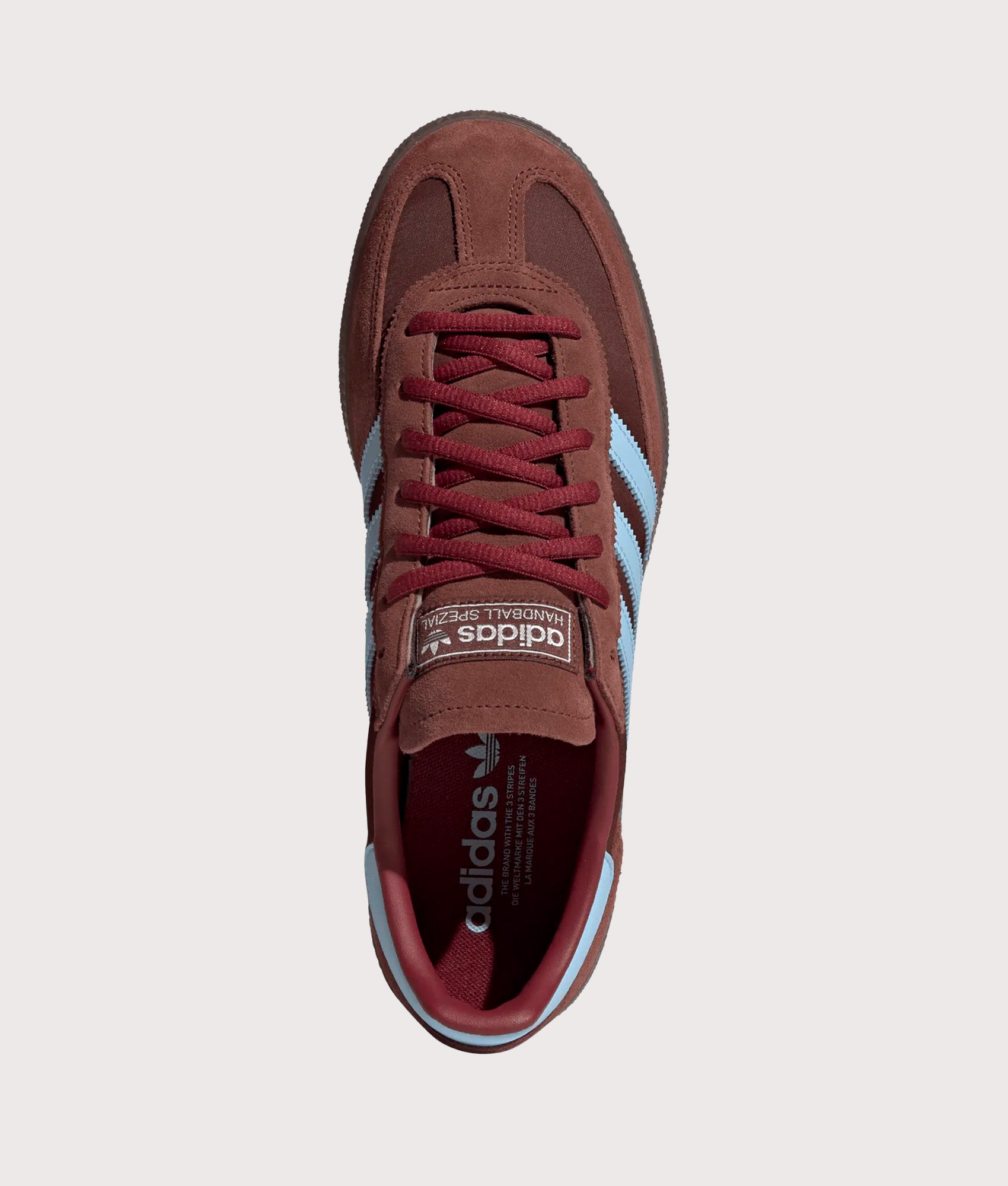 adidas Originals Handball Spezial Trainers in Fox Brown, Clear Sky and Gum 5 at EQVVS Menswear. Top shot.