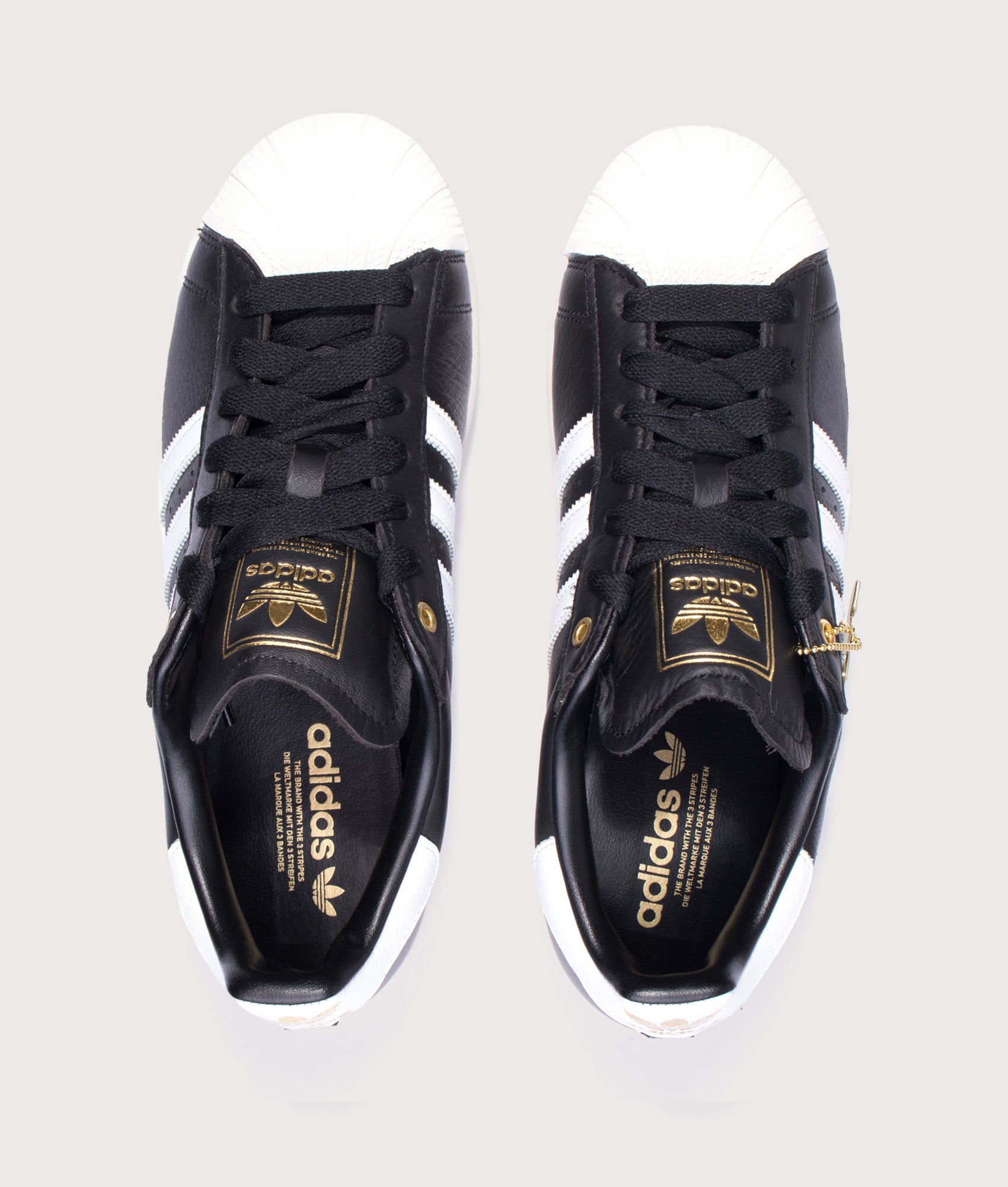 adidas Originals Superstar II Trainers in Core Black, Cloud White and Off White at EQVVS Menswear. Top shot.