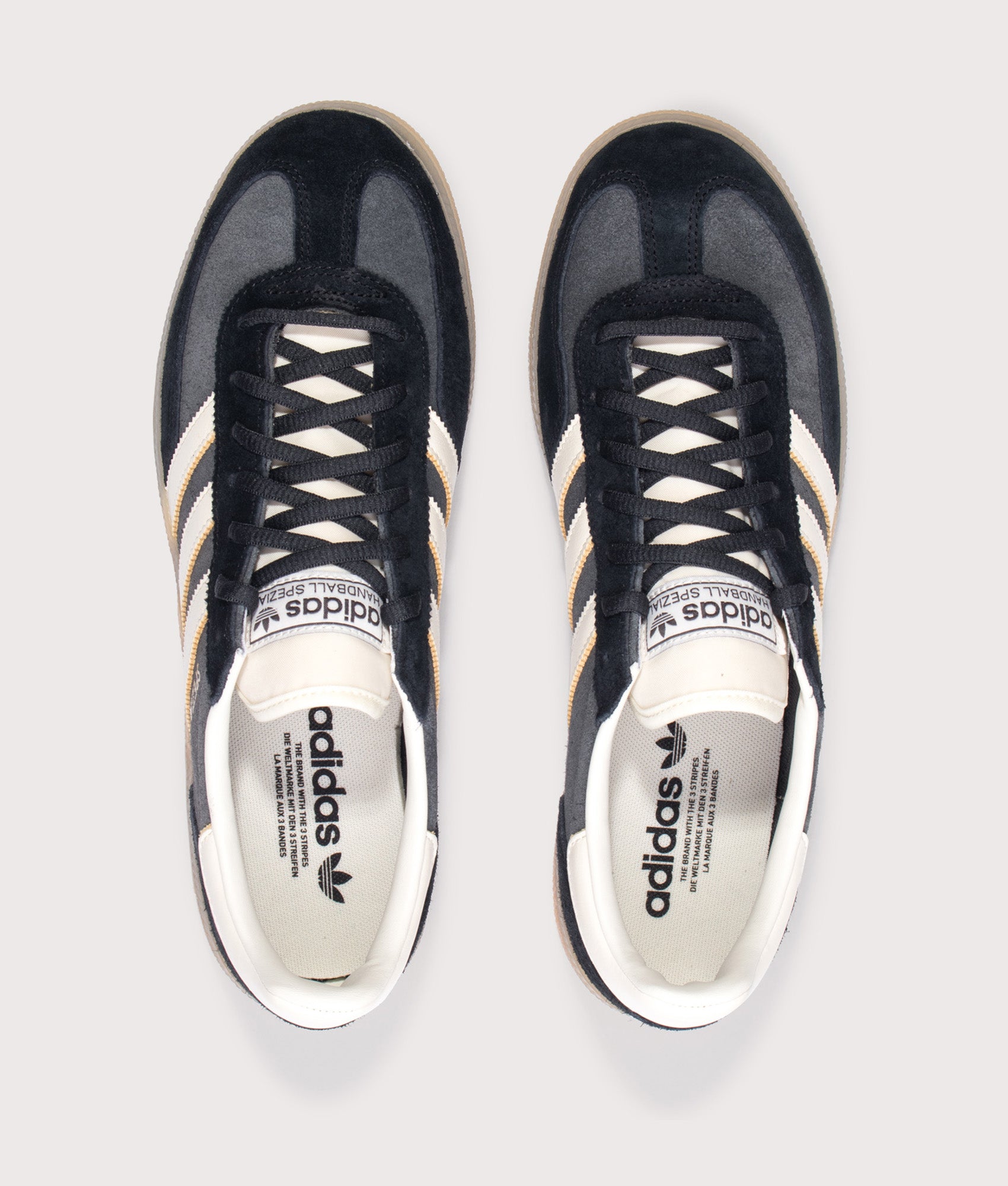 adidas Originals Handball Spezial Trainers in Carbon/Off White/Core Black at EQVVS Menswear. Top shot.