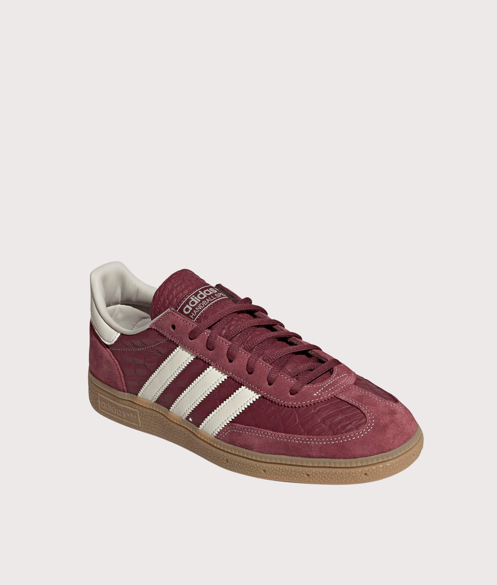 adidas Originals Handball Spezial Trainers in Shadow Red, Cream White, Gum 4 at EQVVS Menswear. Top shot.