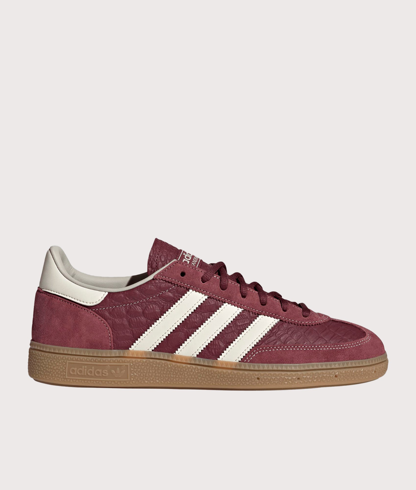 adidas Originals Handball Spezial Trainers in Shadow Red, Cream White, Gum 4 at EQVVS Menswear. Side shot.