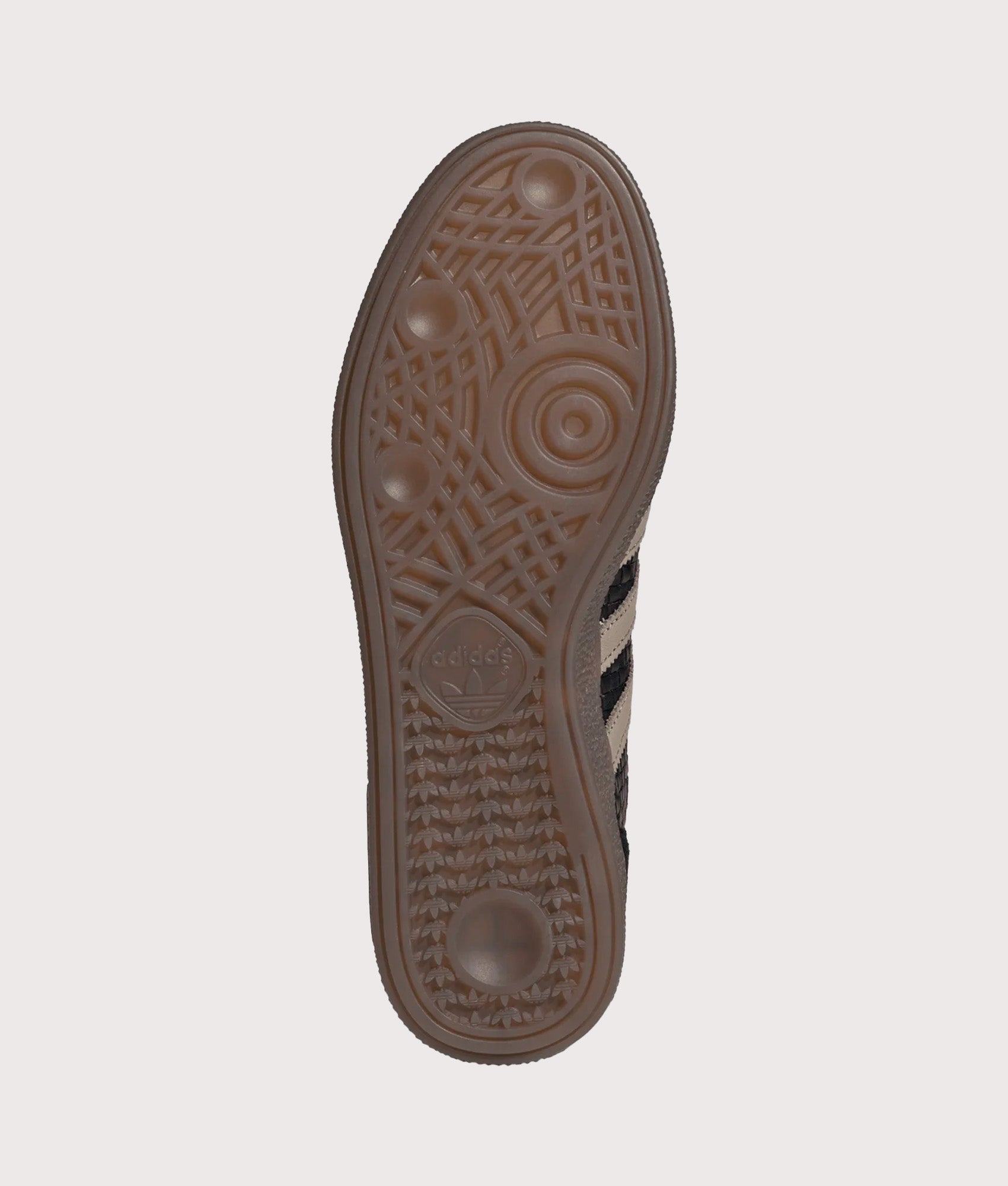 adidas Originals Basket Weave Handball Spezial Trainers in Core Black, Trace Khaki and Gum 5 at EQVVS Menswear. Tread shot.