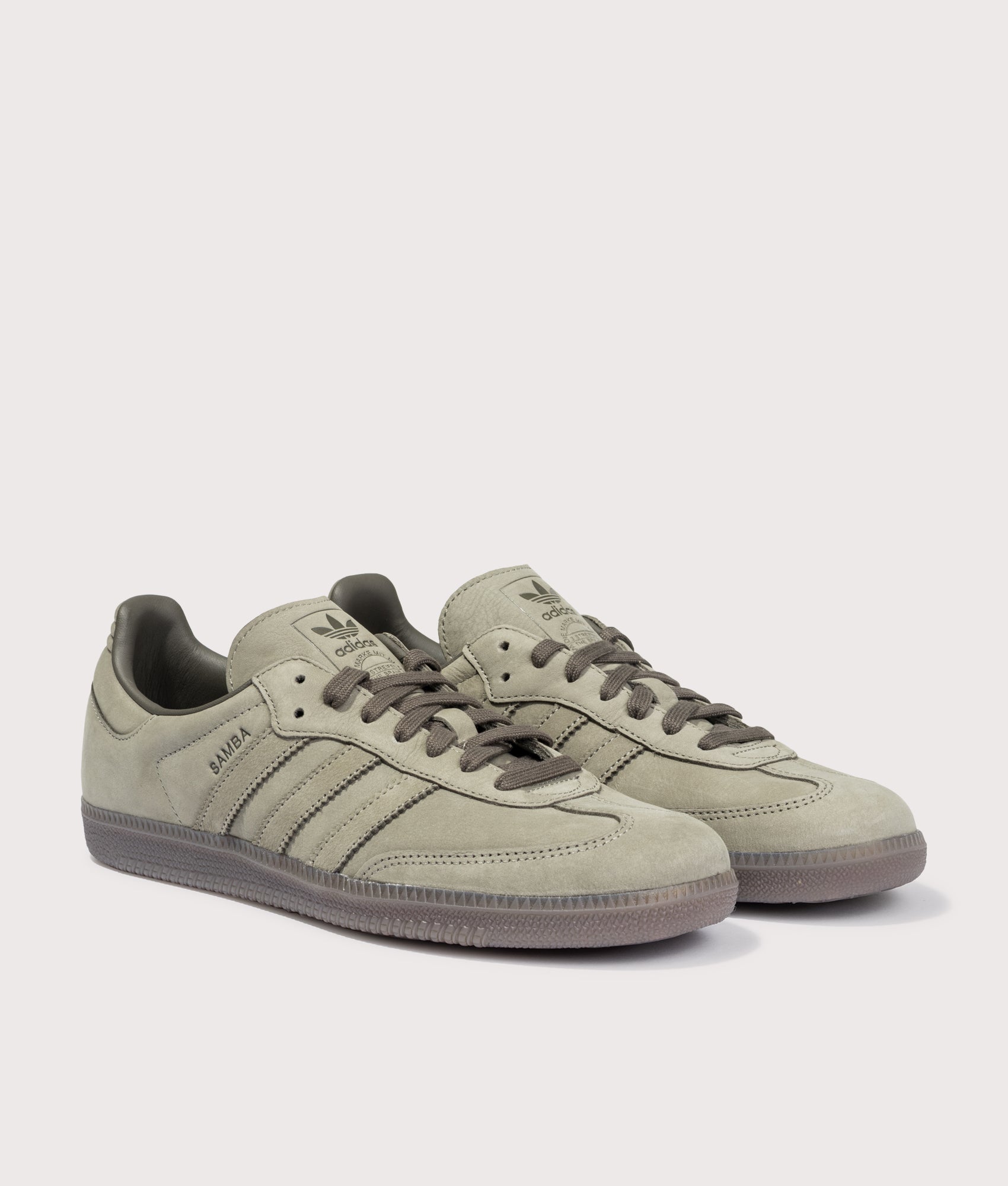 adidas Originals Samba OG Trainers in Clay/Shadow Olive/Gum5 at EQVVS Menswear. Angled front shot.