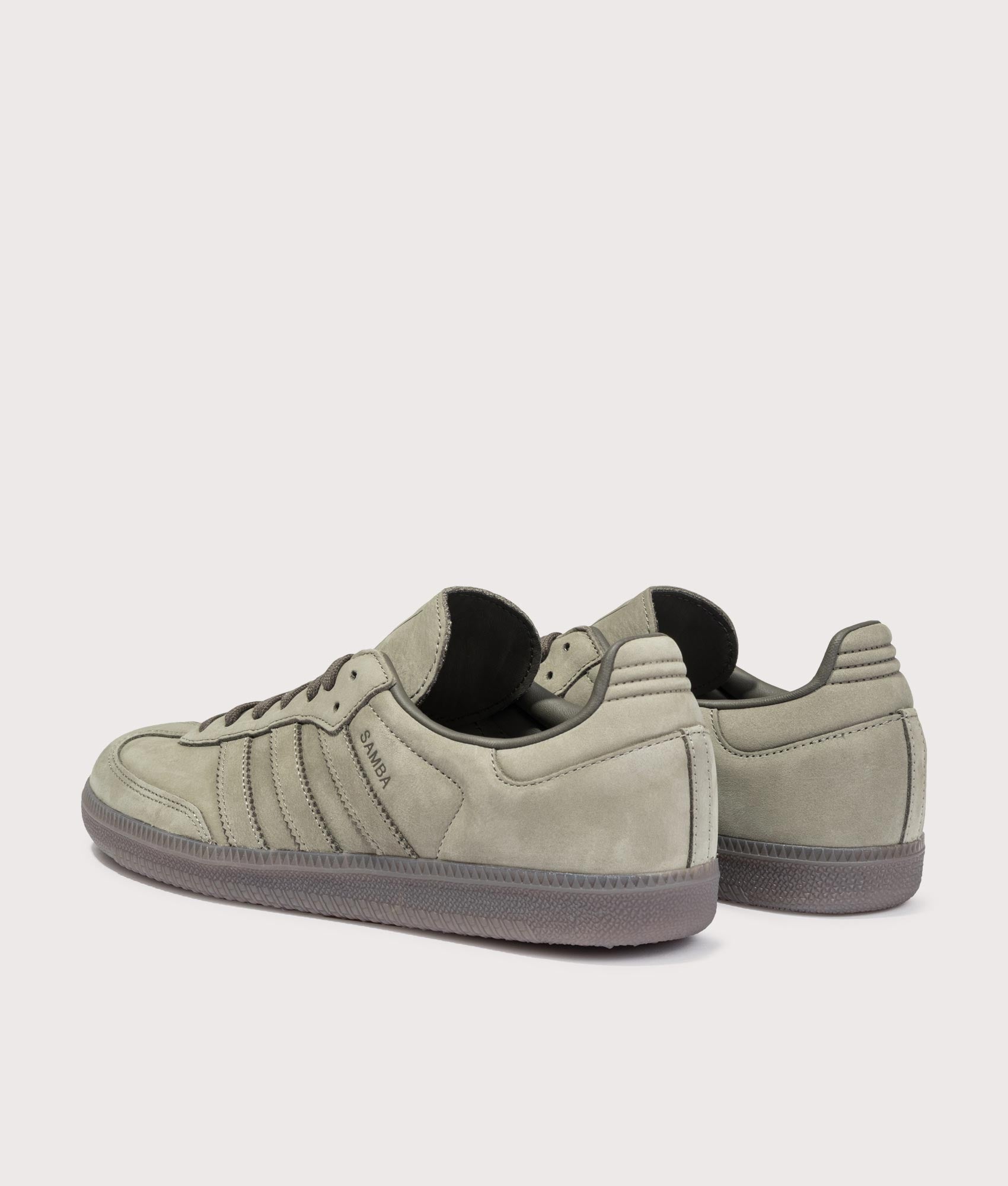 adidas Originals Samba OG Trainers in Clay/Shadow Olive/Gum5 at EQVVS Menswear. Angled back shot.