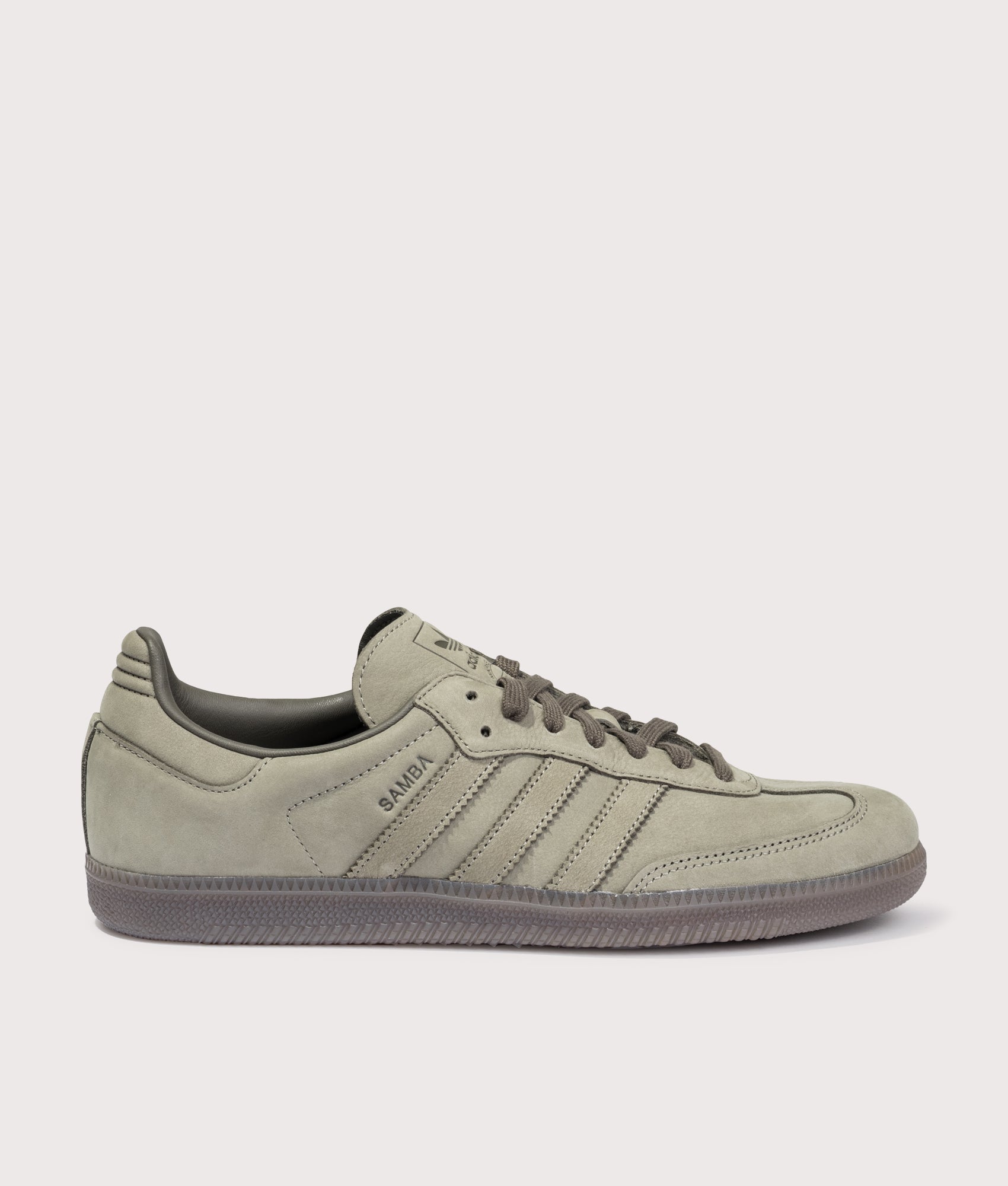 adidas Originals Samba OG Trainers in Clay/Shadow Olive/Gum5 at EQVVS Menswear. Side shot.