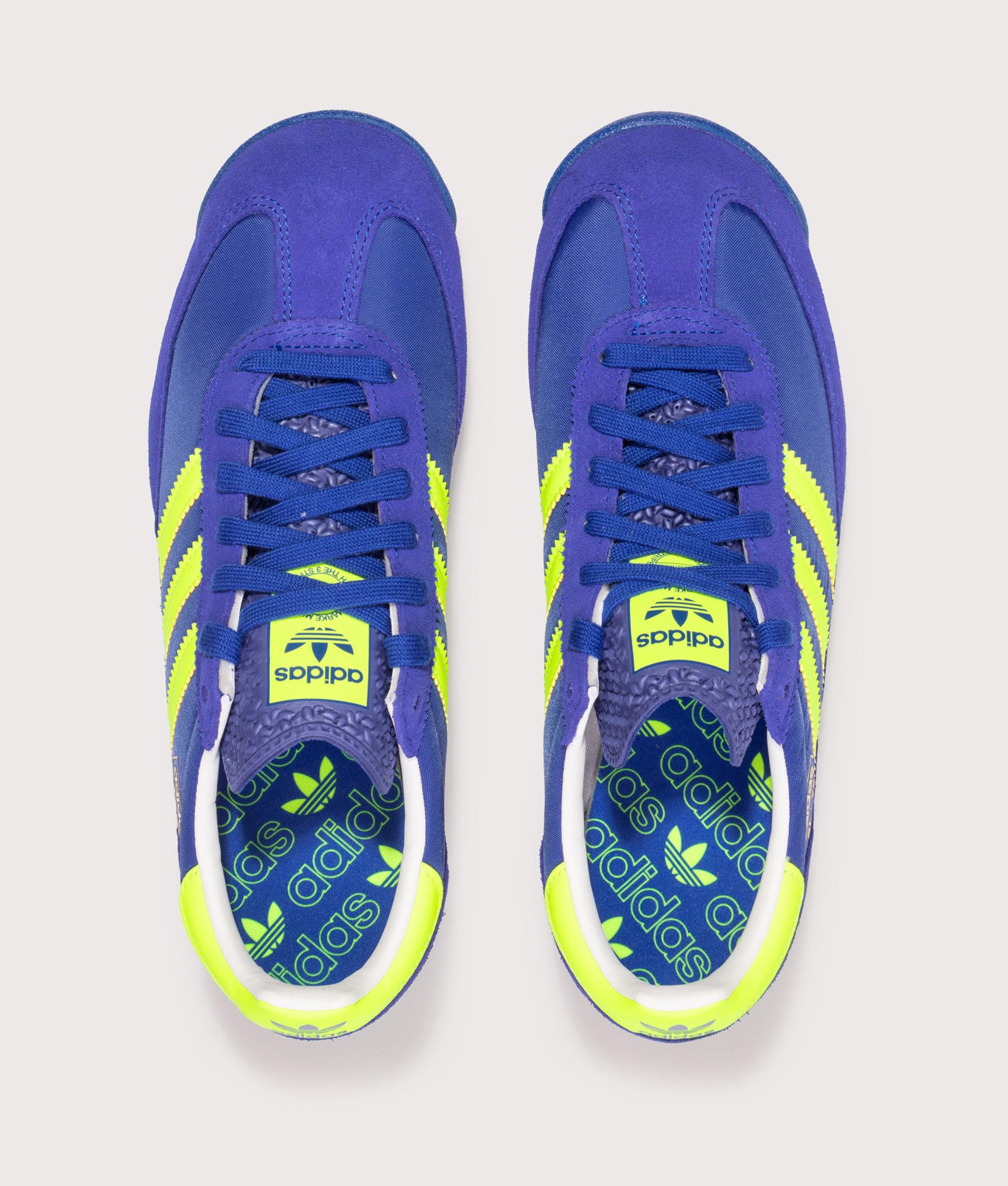 adidas Originals SL 72 RS Trainers in the Royal Blue, Solar Yellow and Footwear White at EQVVS Menswear. Top shot.