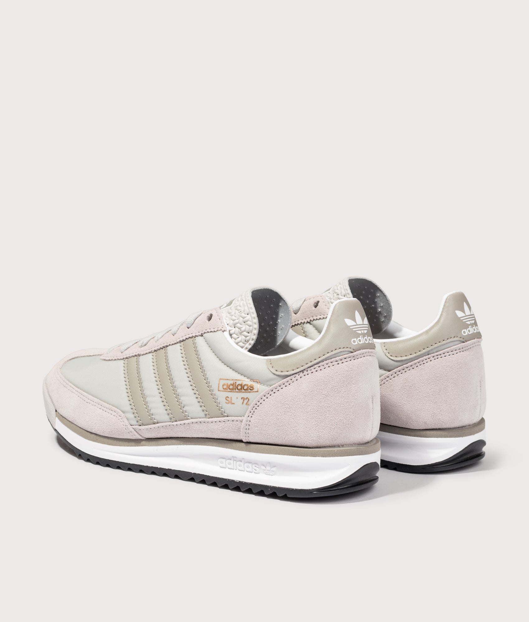 adidas Originals SL 72 RS Trainers in Grey Two, Silver Pebble and Cloud White at EQVVS Menswear. Angled back shot.