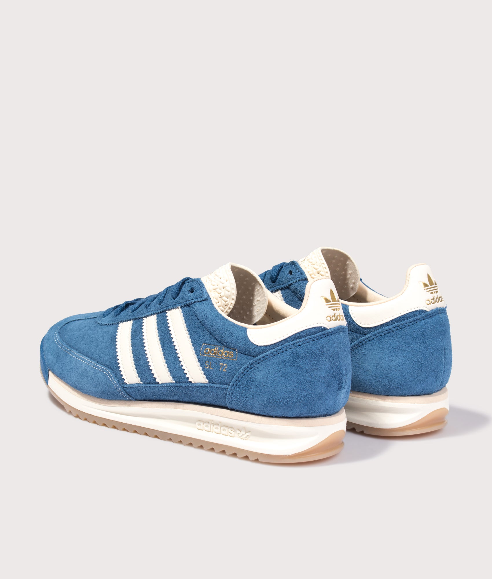 adidas Originals SL 72 RS Trainers in Dusky Petrol, Cream White and Sand Strata at EQVVS Menswear. Angled back shot.