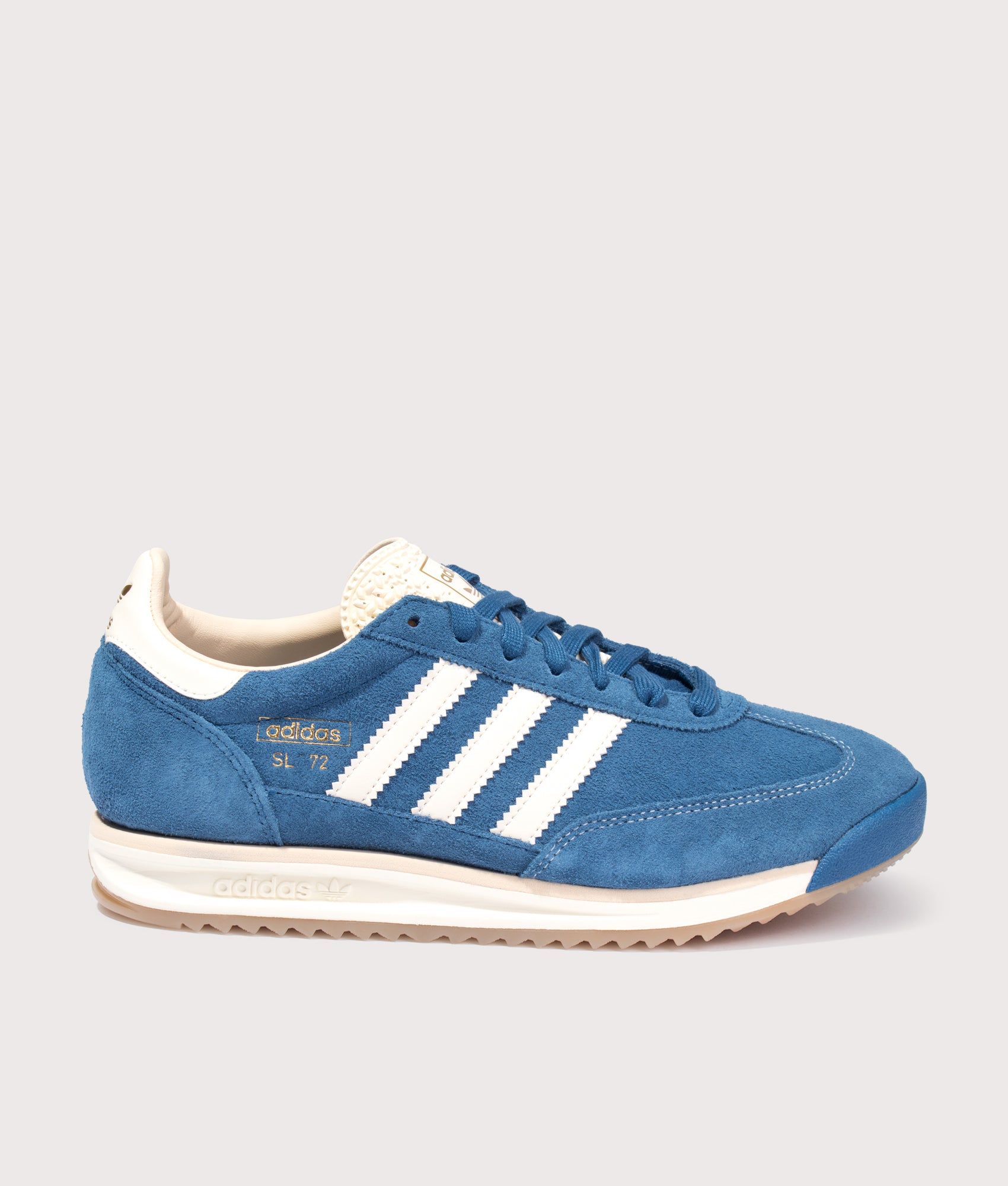 adidas Originals SL 72 RS Trainers in Dusky Petrol, Cream White and Sand Strata at EQVVS Menswear. Side detail shot.