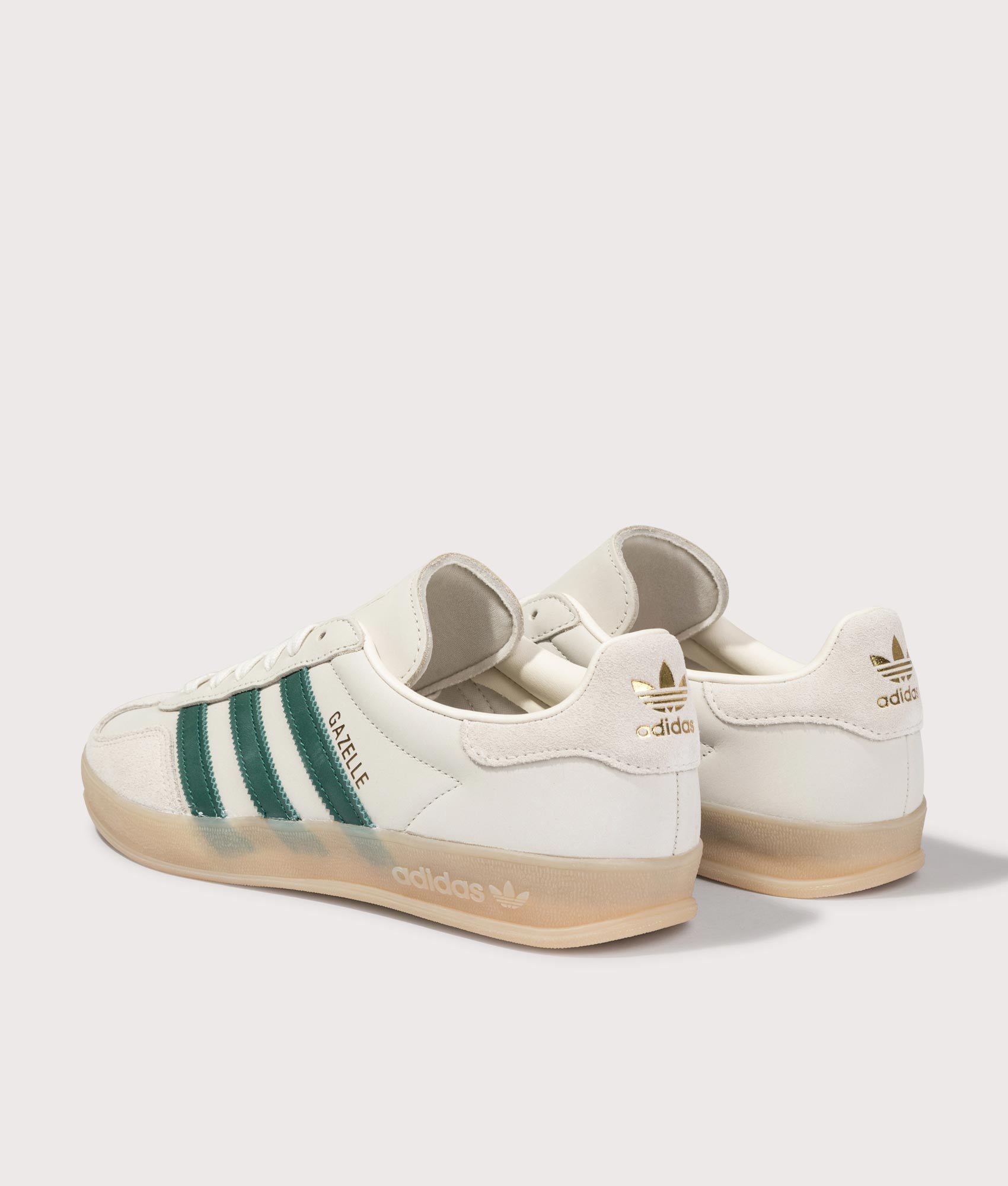 adidas Originals Gazelle Indoor Trainers in Cream White, Collegiate Green and Gum3 at EQVVS Menswear. Angled back shot.