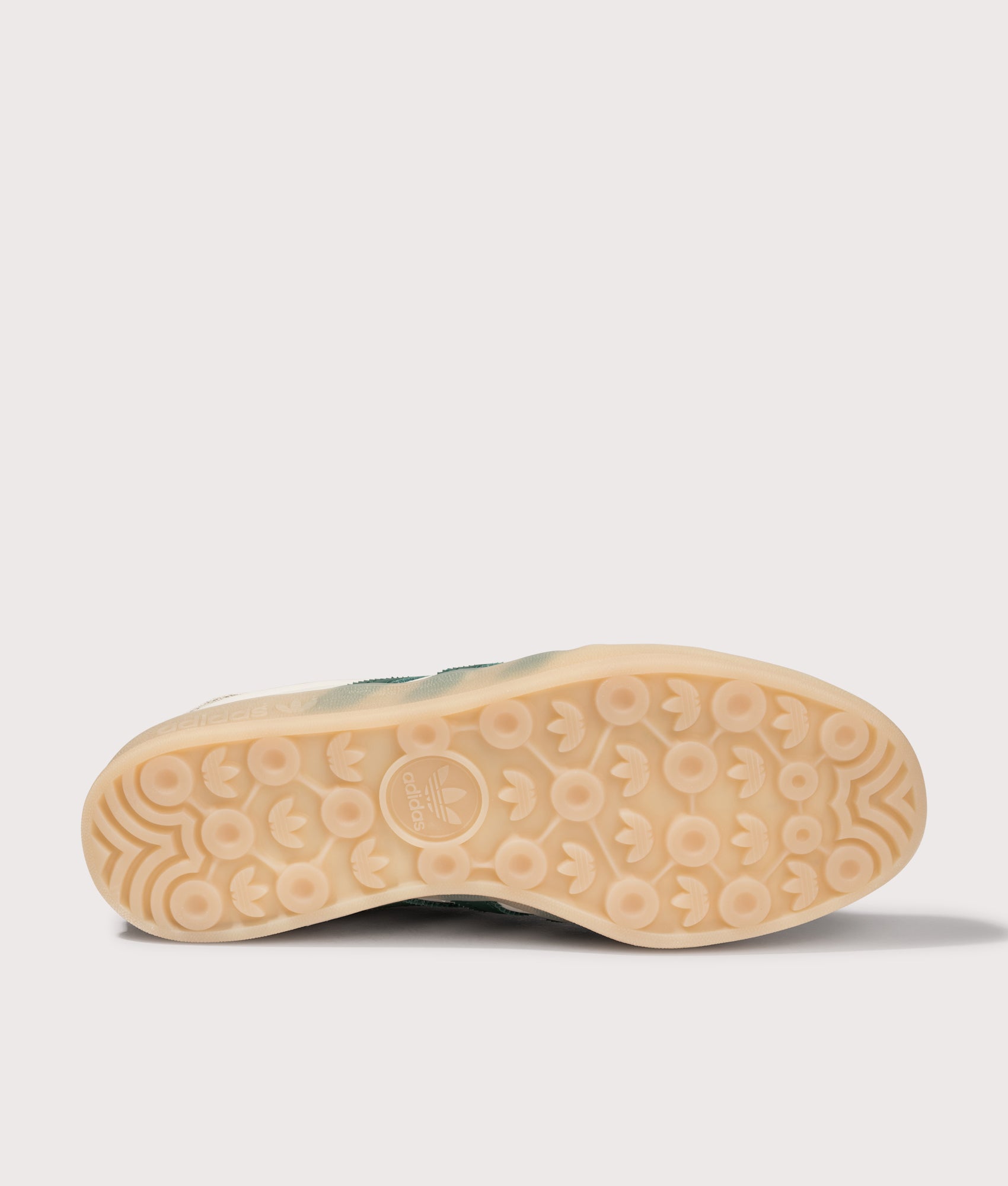adidas Originals Gazelle Indoor Trainers in Cream White, Collegiate Green and Gum3 at EQVVS Menswear. Tread shot.