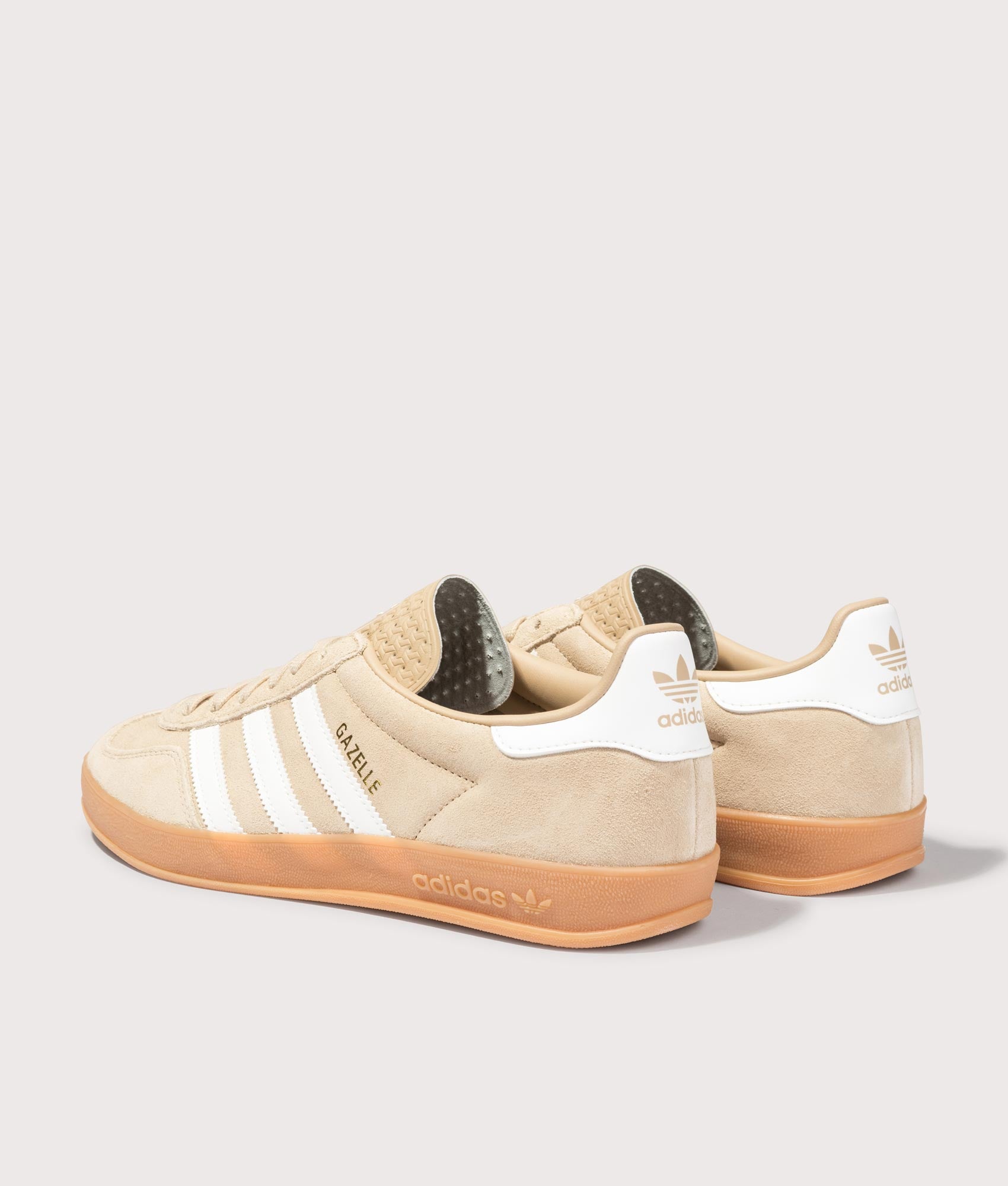 Gazelle Indoor Trainers in Magic Beige/Cream White/Gum2 | adidas Originals | EQVVS | Back angle shot 