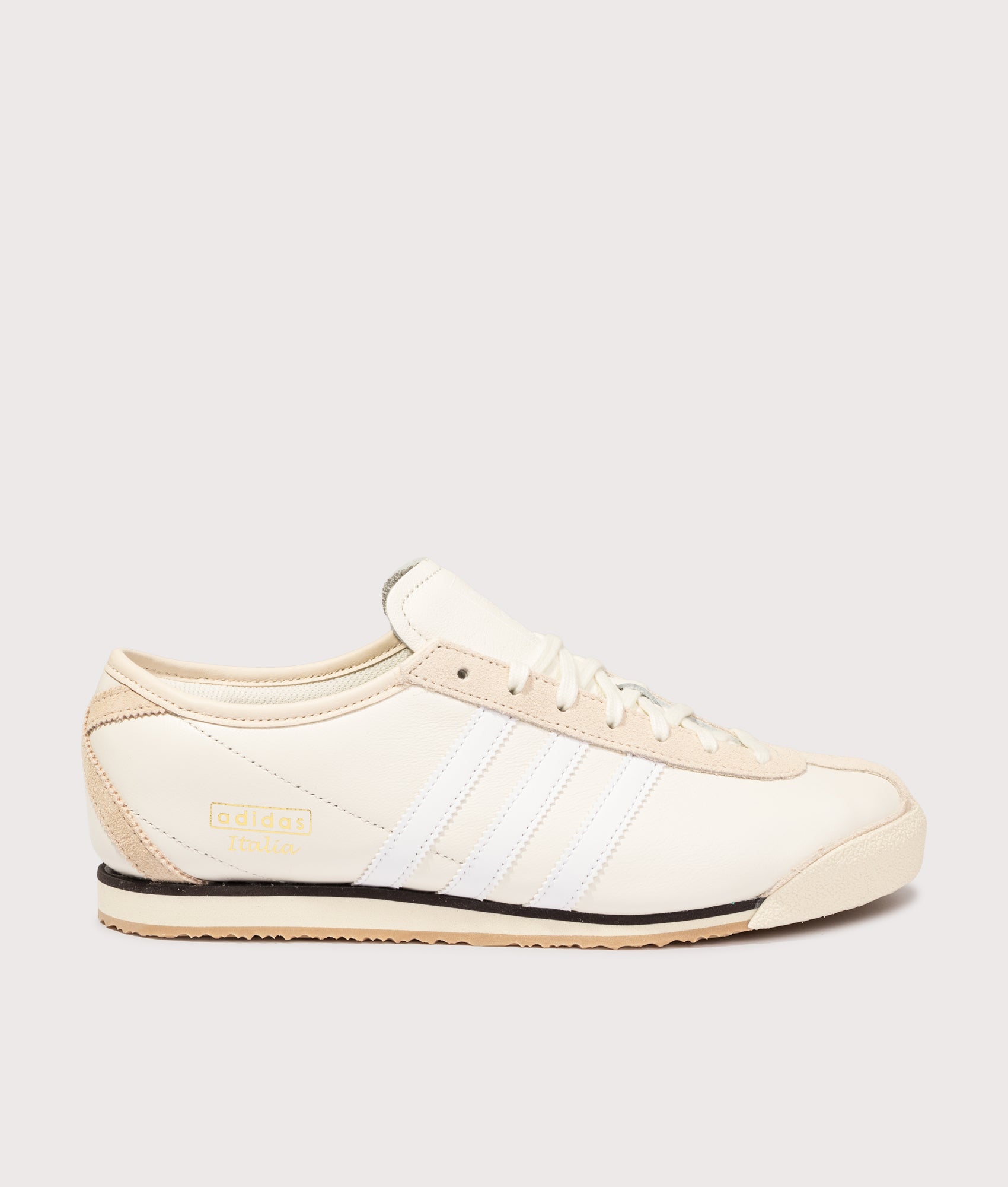 adidas Original Italia 70s Trainers in Off White, Cloud White and Wonder White at EQVVS Menswear. Side shot.