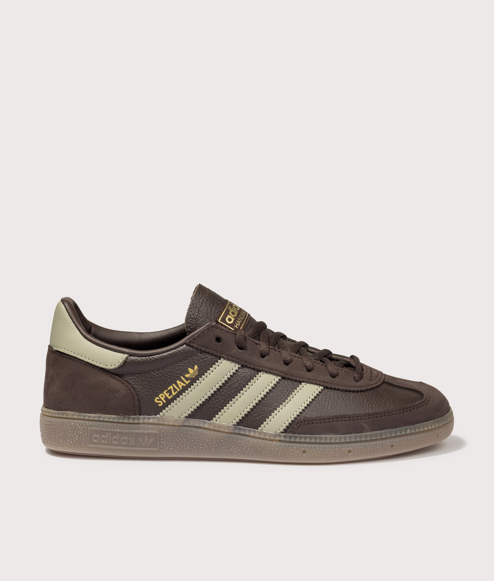 adidas Originals Handball Spezial Trainers in Aurora Coffee, Silver Pebble and Gum 5 at EQVVS Menswear. Side shot.