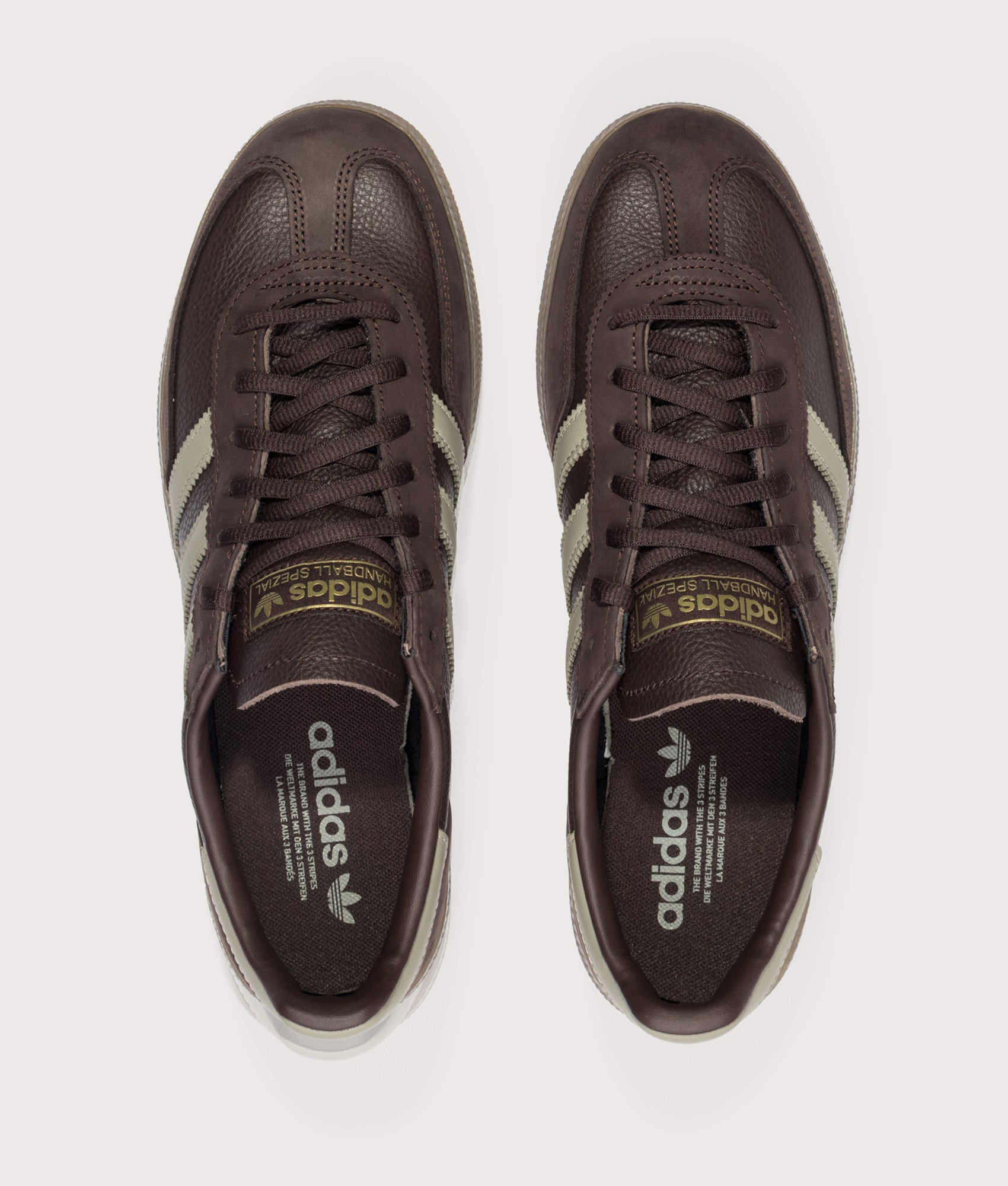 adidas Originals Handball Spezial Trainers in Aurora Coffee, Silver Pebble and Gum 5 at EQVVS Menswear. Tread shot.
