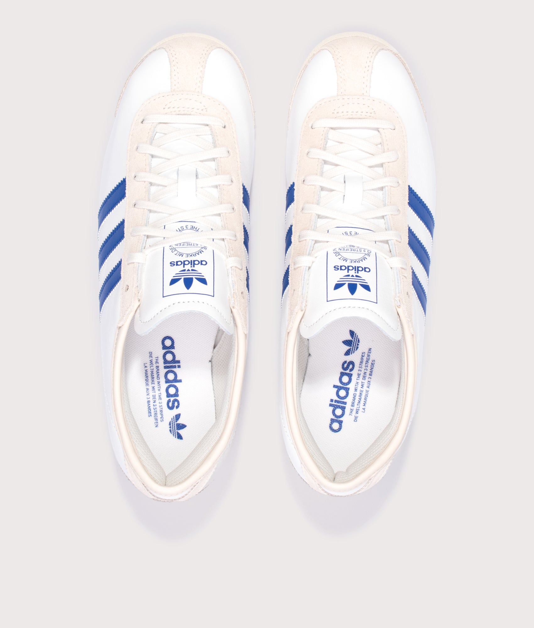 adidas Original Italia 70s Trainers in Cloud White, Royal Blue and Wonder White at EQVVS Menswear. Top shot.