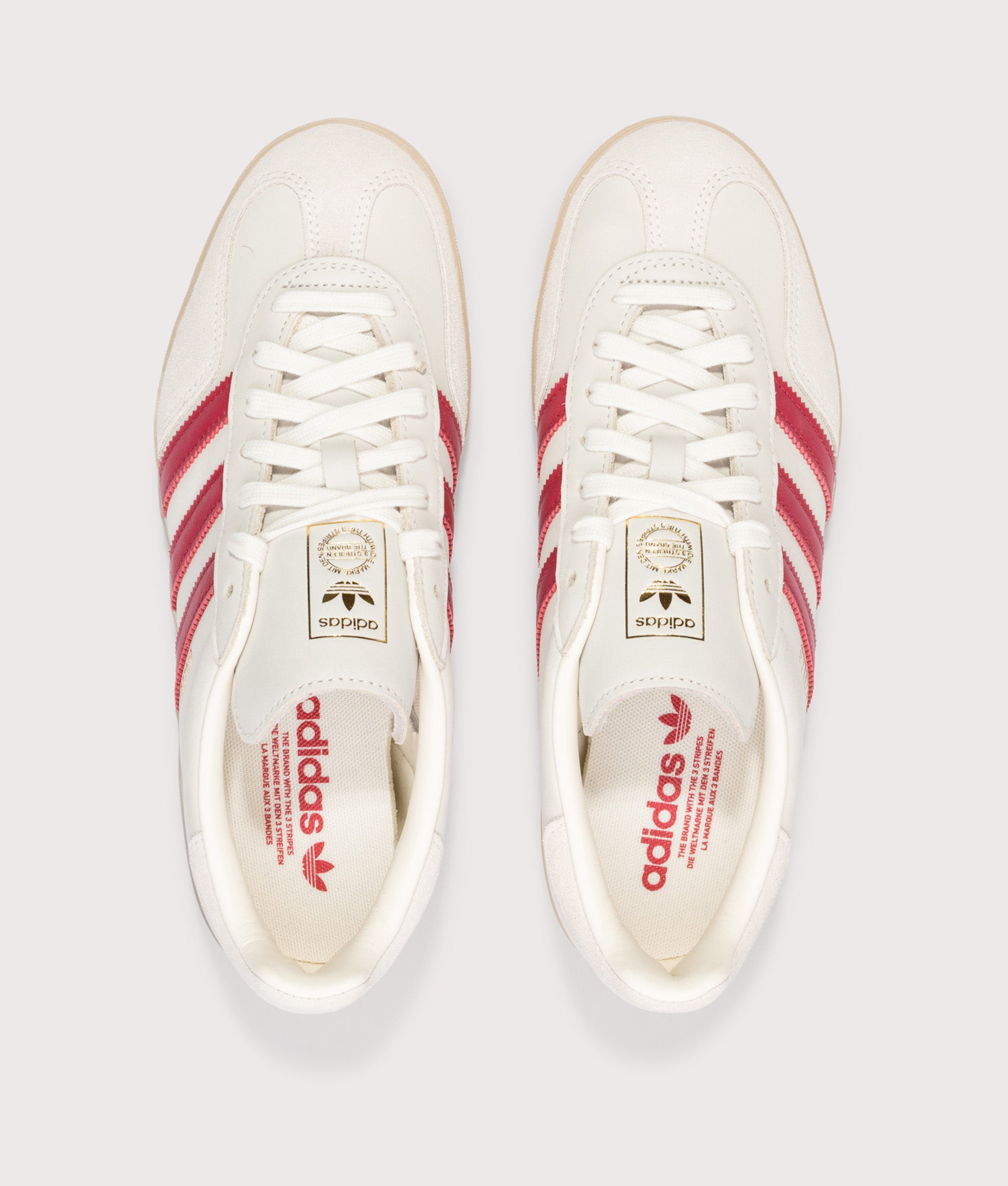 adidas Originals Gazelle Indoor Trainers in Cream White, Team Victory Red and Gum3 at EQVVS Menswear. Top shot.