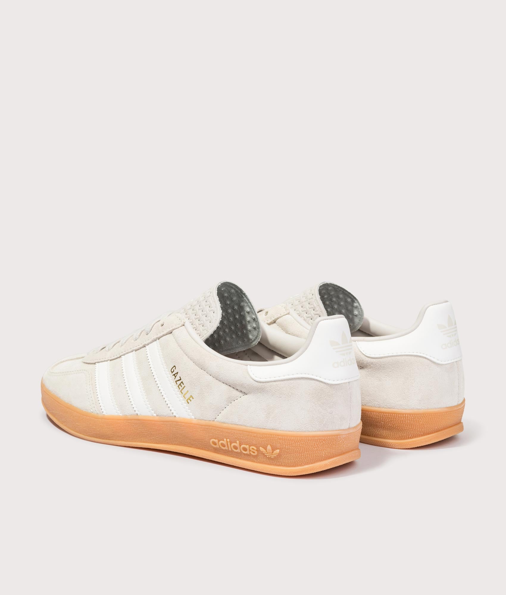 adidas Originals Gazelle Indoor Trainers in Chalk Pearl, Core White and Gum at EQVVS Menswear. Angled back shot.