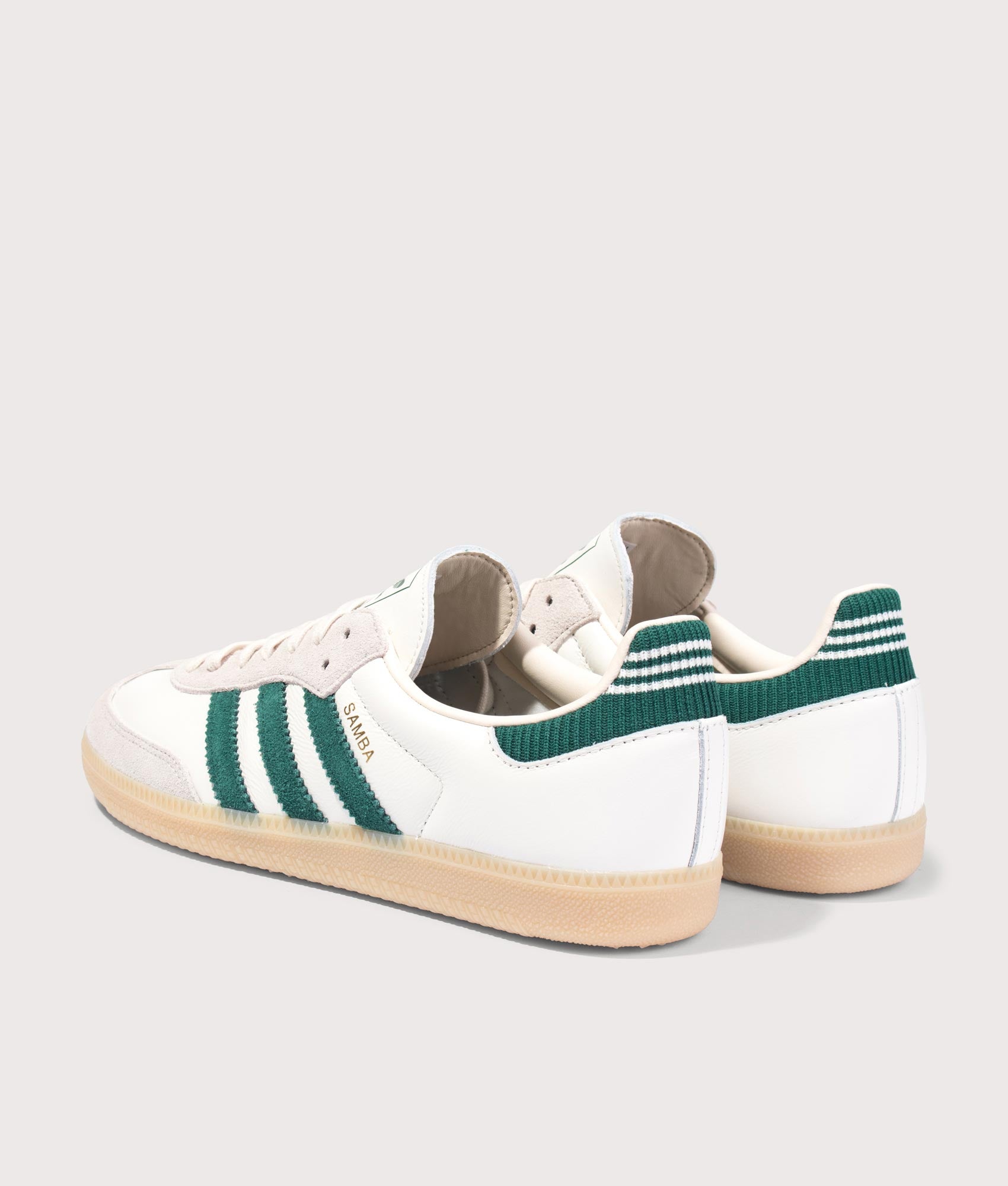 Samba OG Trainers in Cloud White/Collegiate Green/Gum by adidas. Shot by EQVVS. Back shot.