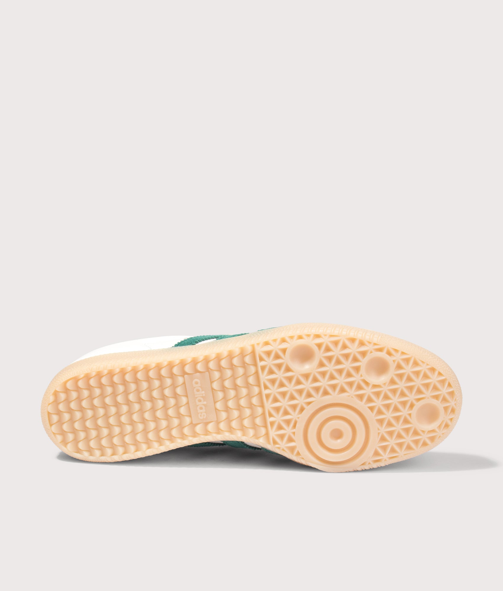 Samba OG Trainers in Cloud White/Collegiate Green/Gum by adidas. Shot by EQVVS. Sole shot.