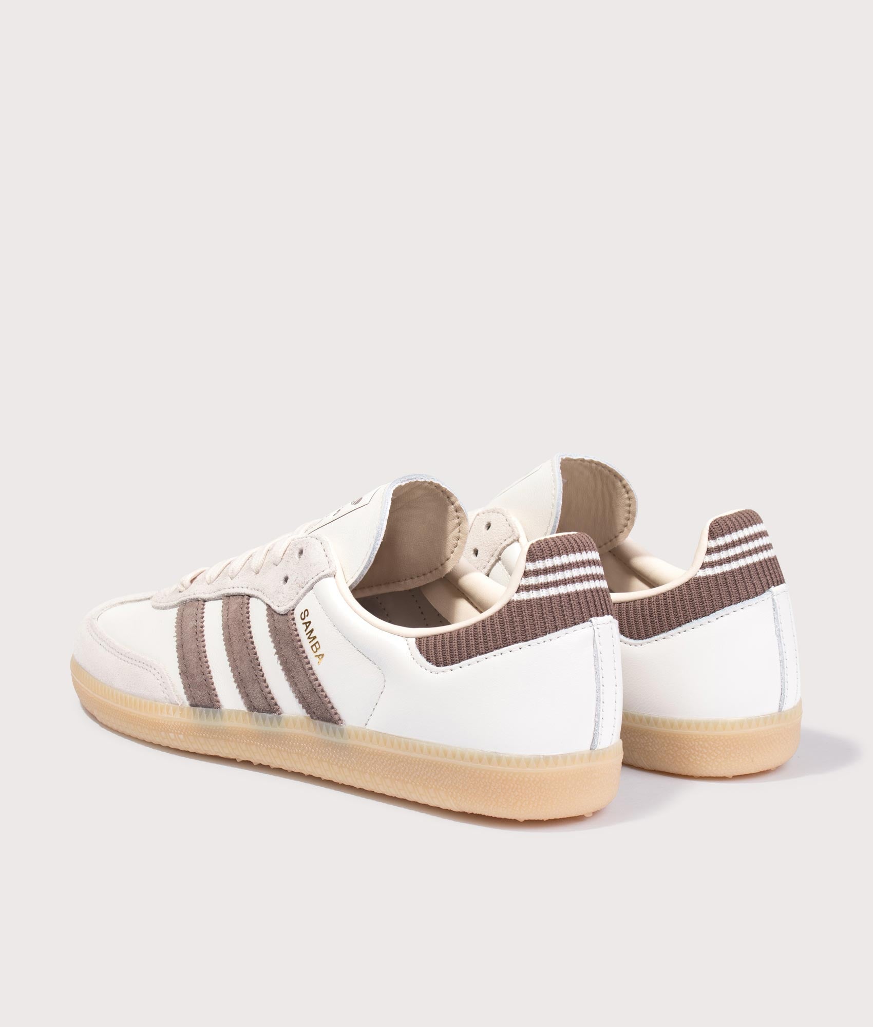 adidas Originals Samba OG Trainers in Cloud White, Earth Strata and Gum3 at EQVVS Menswear. Back shot.