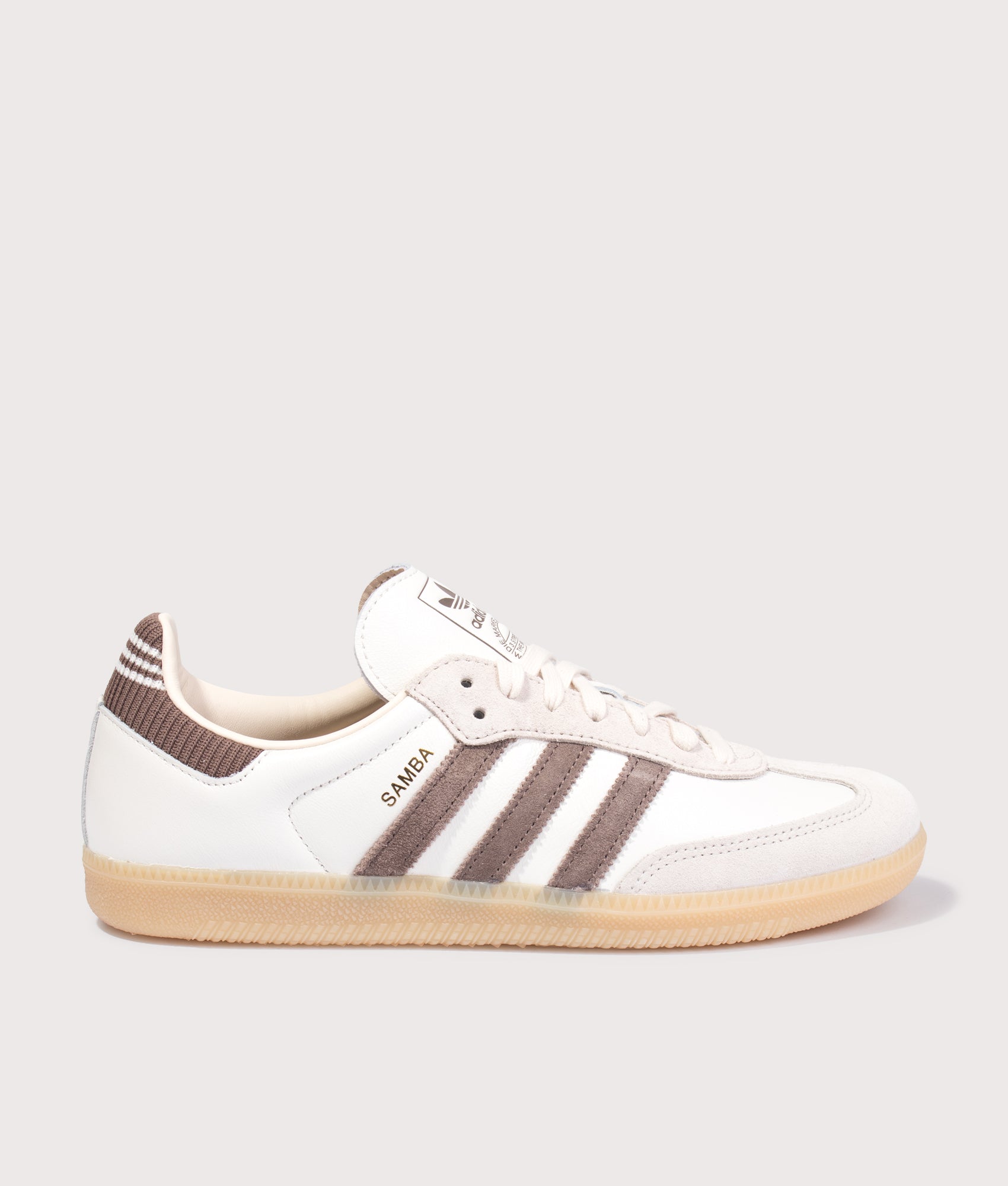 adidas Originals Samba OG Trainers in Cloud White, Earth Strata and Gum3 at EQVVS Menswear. Side shot.