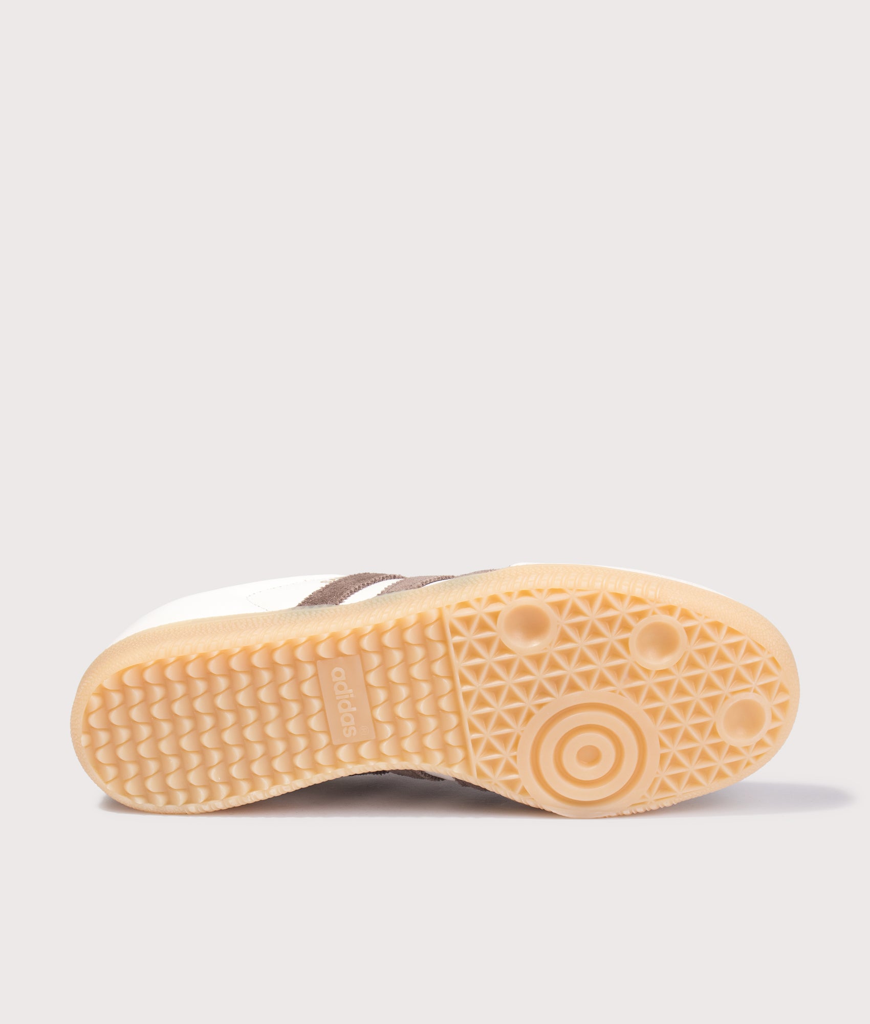 adidas Originals Samba OG Trainers in Cloud White, Earth Strata and Gum3 at EQVVS Menswear. Tread shot.