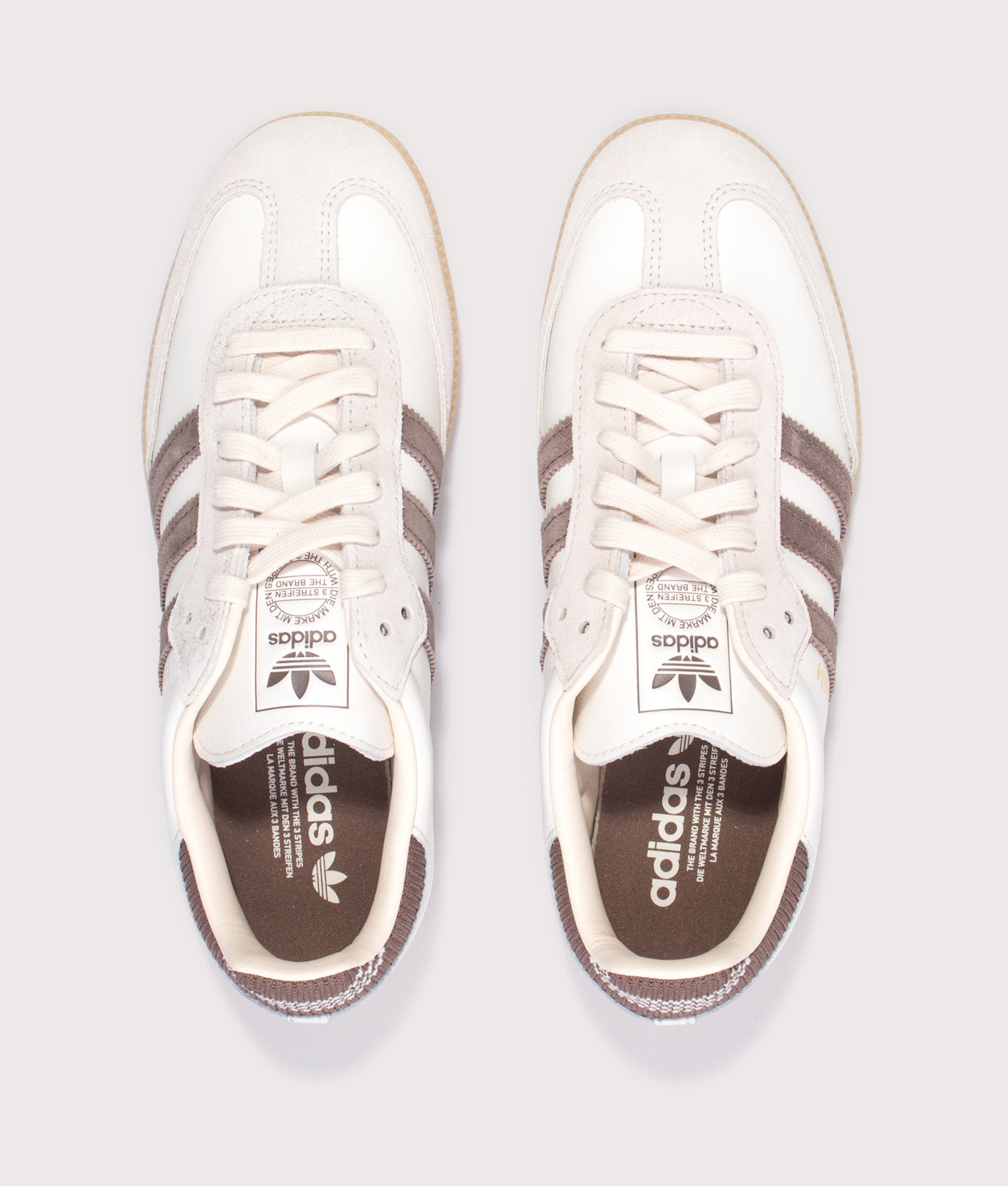 adidas Originals Samba OG Trainers in Cloud White, Earth Strata and Gum3 at EQVVS Menswear. Top shot.