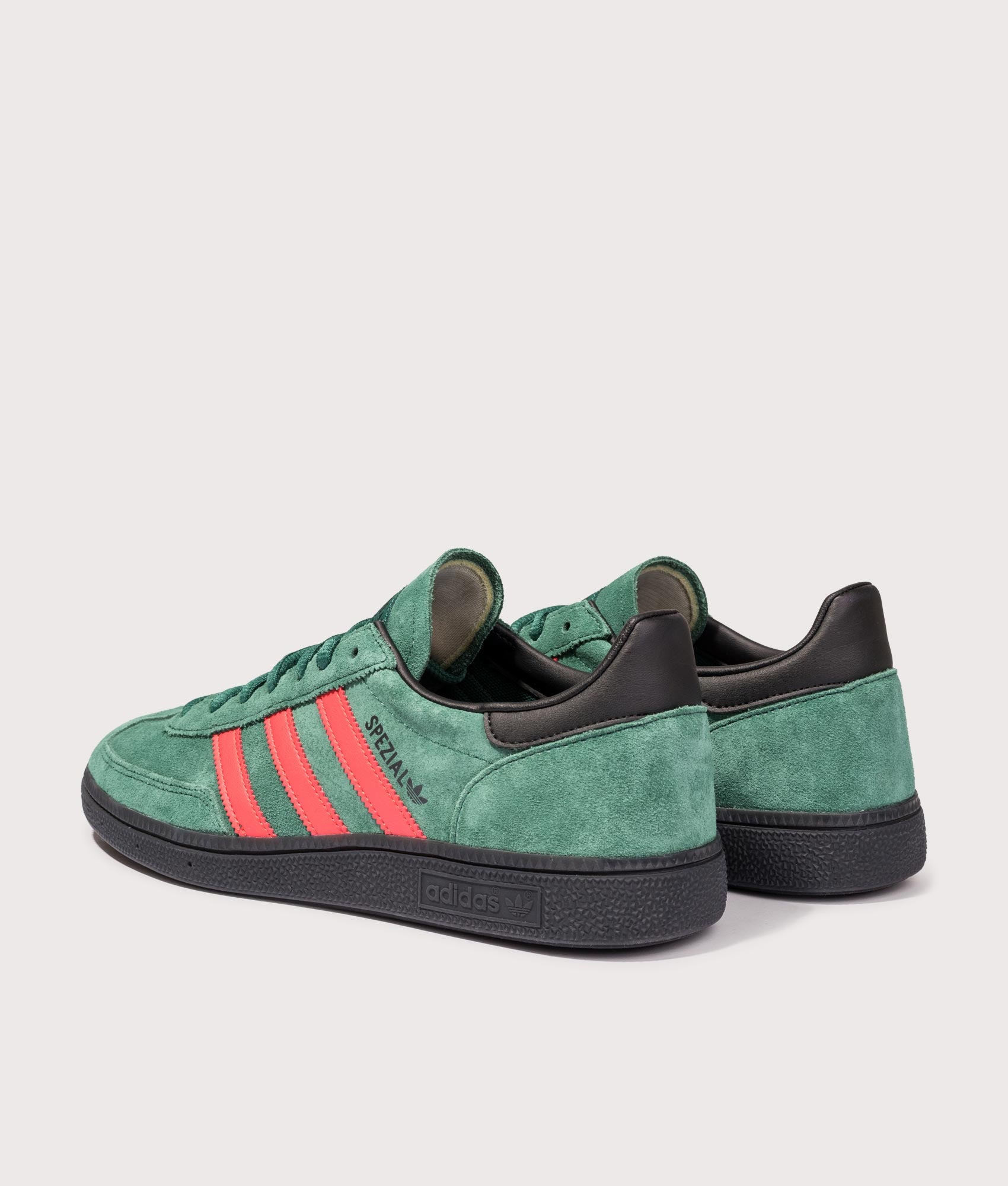 adidas Originals Handball Spezial Trainers in Collegiate Green, Red and Core Black at EQVVS Menswear. Back shot.