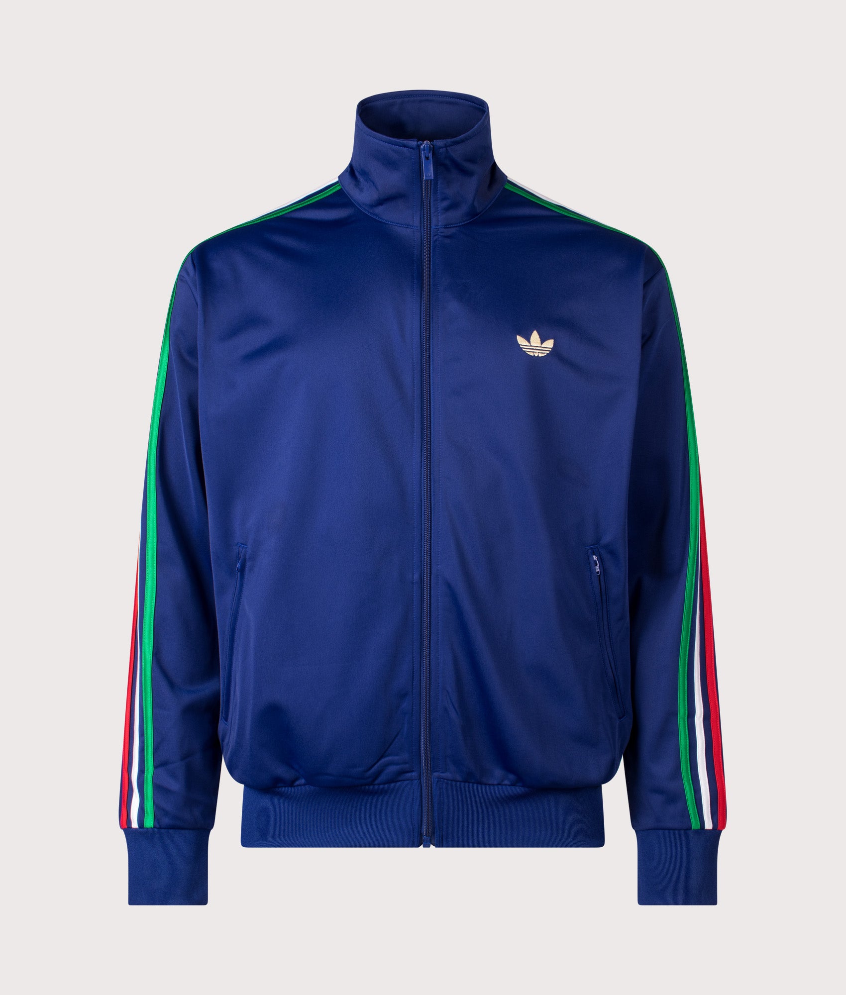 adidas Originals Firebird Track in Victory Blue, Green and White at EQVVS Menswear. Front shot.
