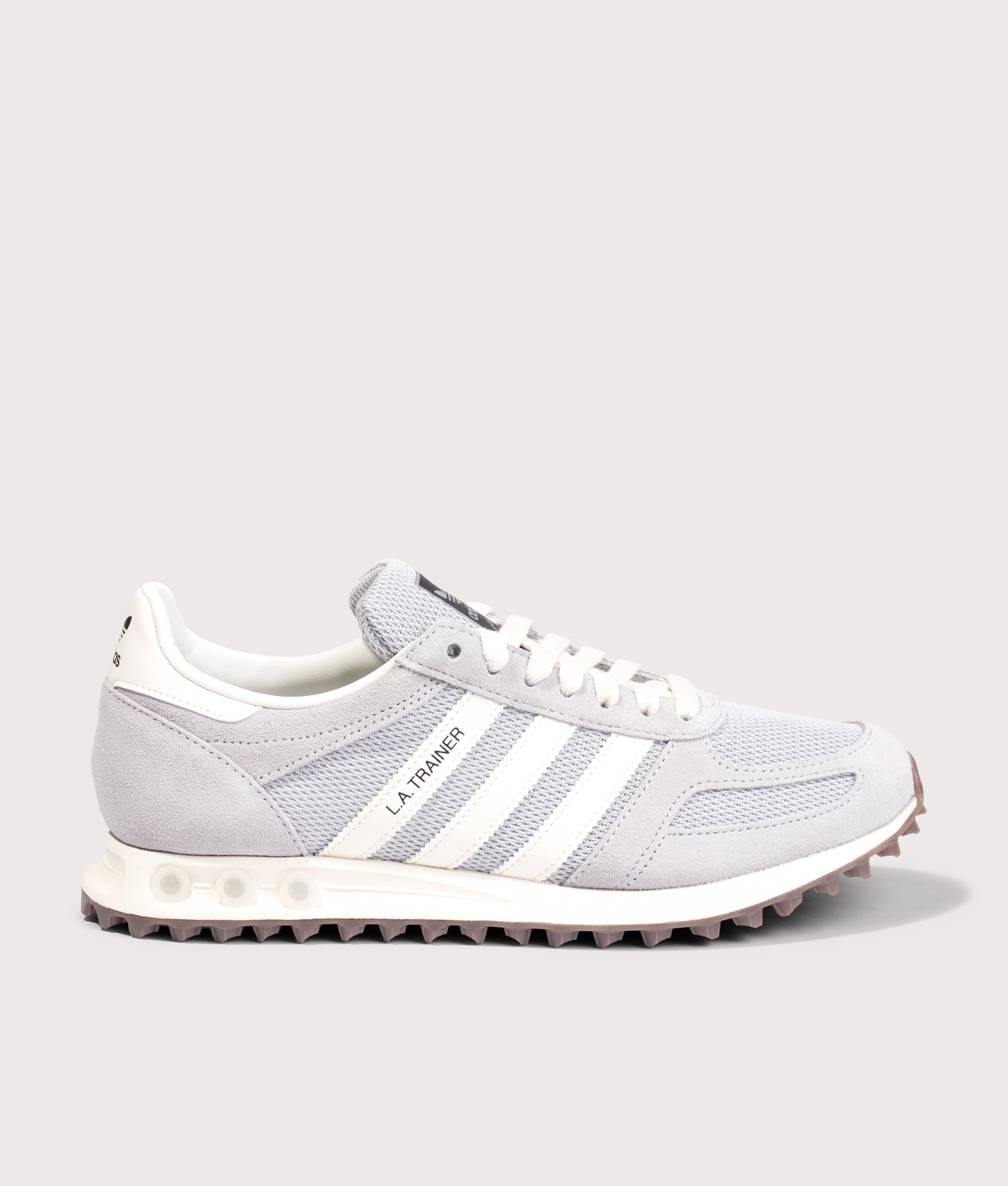 adidas Originals LA Trainer OG in Grey Two, Grey One and Off White at EQVVS Menswear. Side shot.