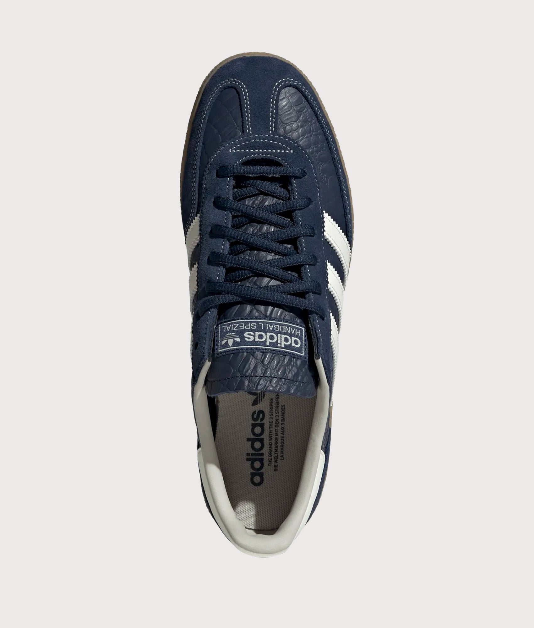 adidas Originals Handball Spezial Trainers in Night Indigo, Crew White and Gum 4 at EQVVS Menswear. Top shot.