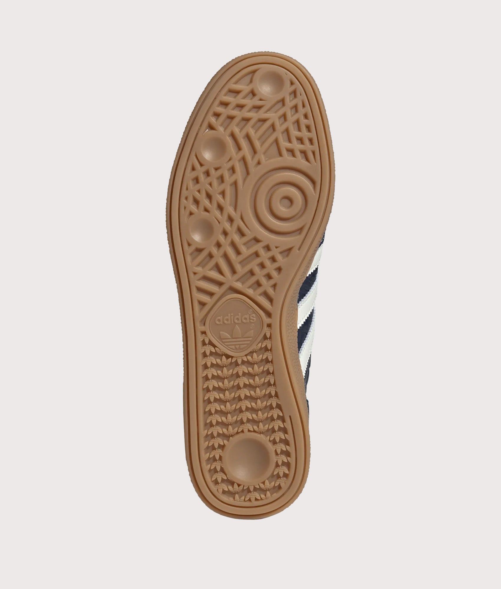 adidas Originals Handball Spezial Trainers in Night Indigo, Crew White and Gum 4 at EQVVS Menswear. Tread shot.