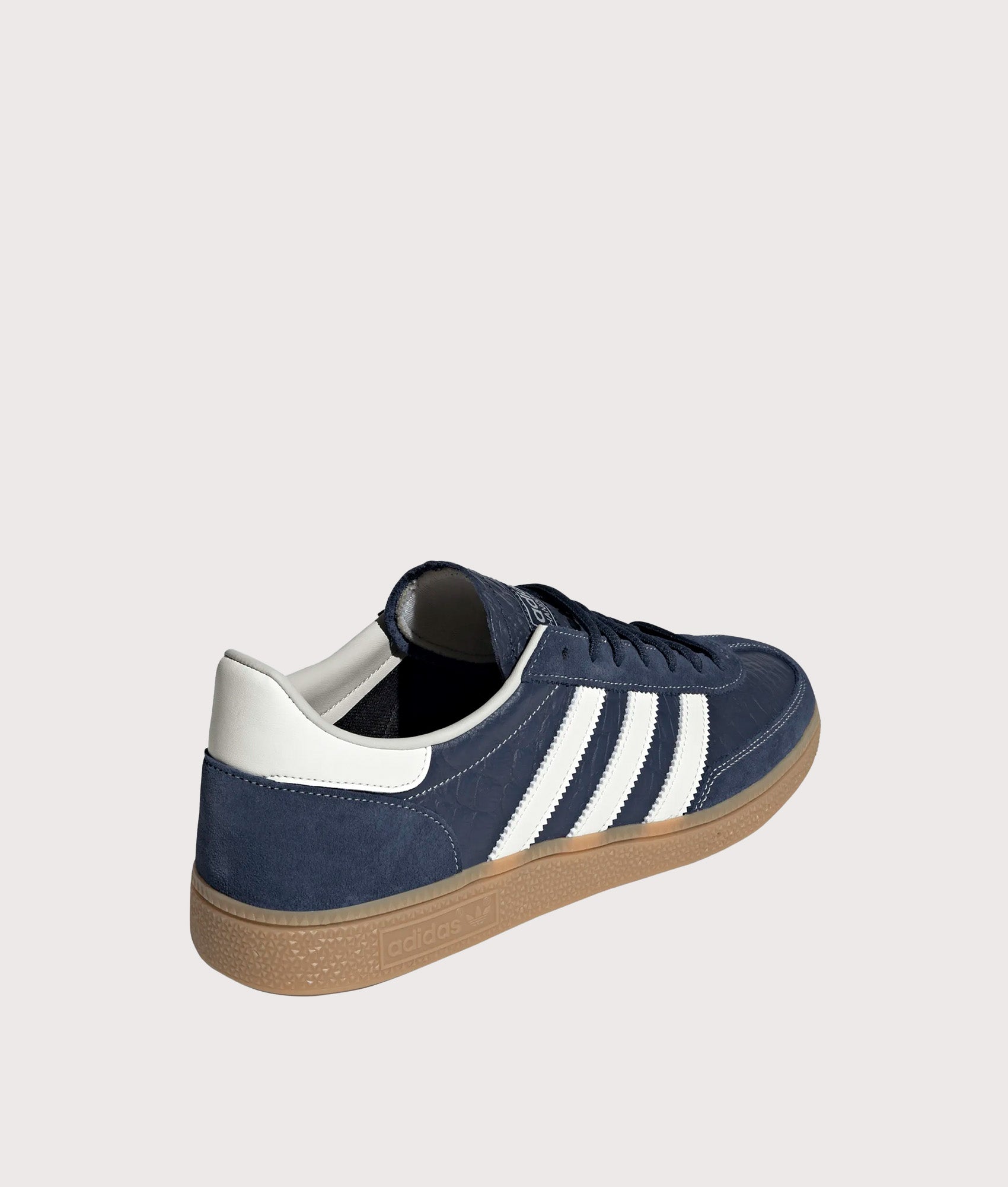 adidas Originals Handball Spezial Trainers in Night Indigo, Crew White and Gum 4 at EQVVS Menswear. Angled back shot.