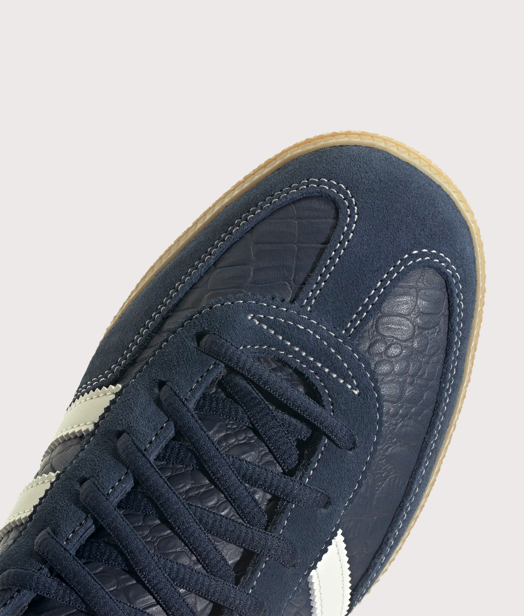 adidas Originals Handball Spezial Trainers in Night Indigo, Crew White and Gum 4 at EQVVS Menswear. Detail shot.