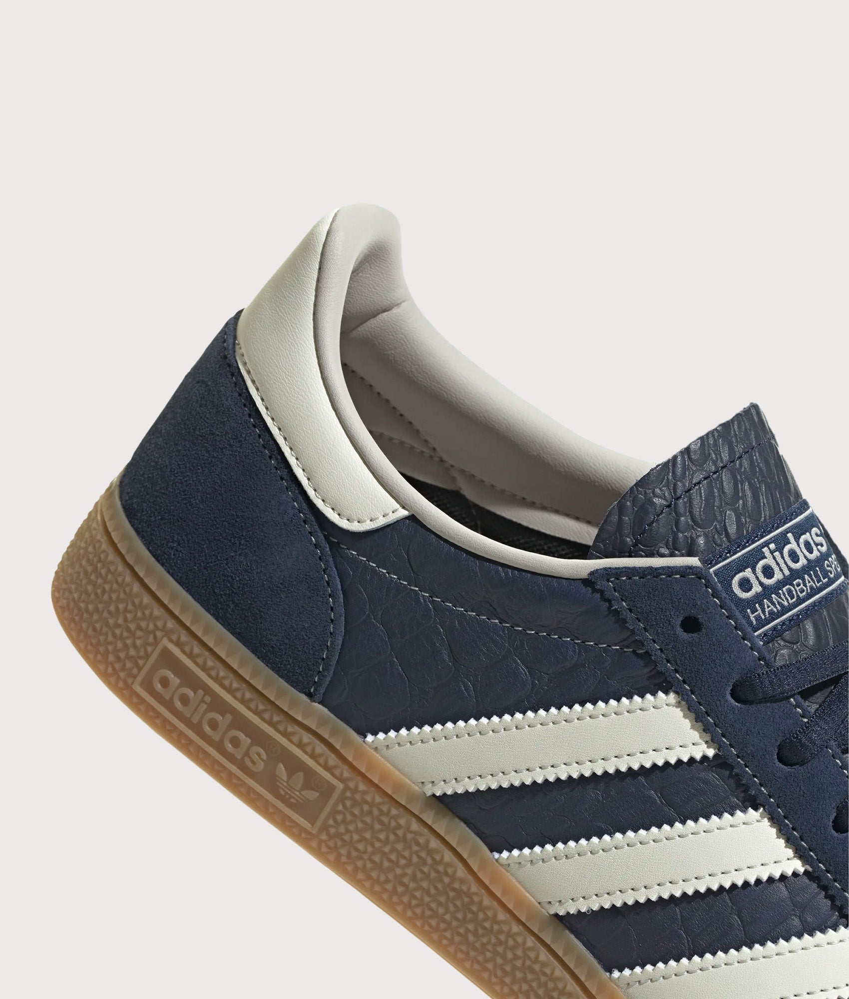 adidas Originals Handball Spezial Trainers in Night Indigo, Crew White and Gum 4 at EQVVS Menswear. Second detail shot.