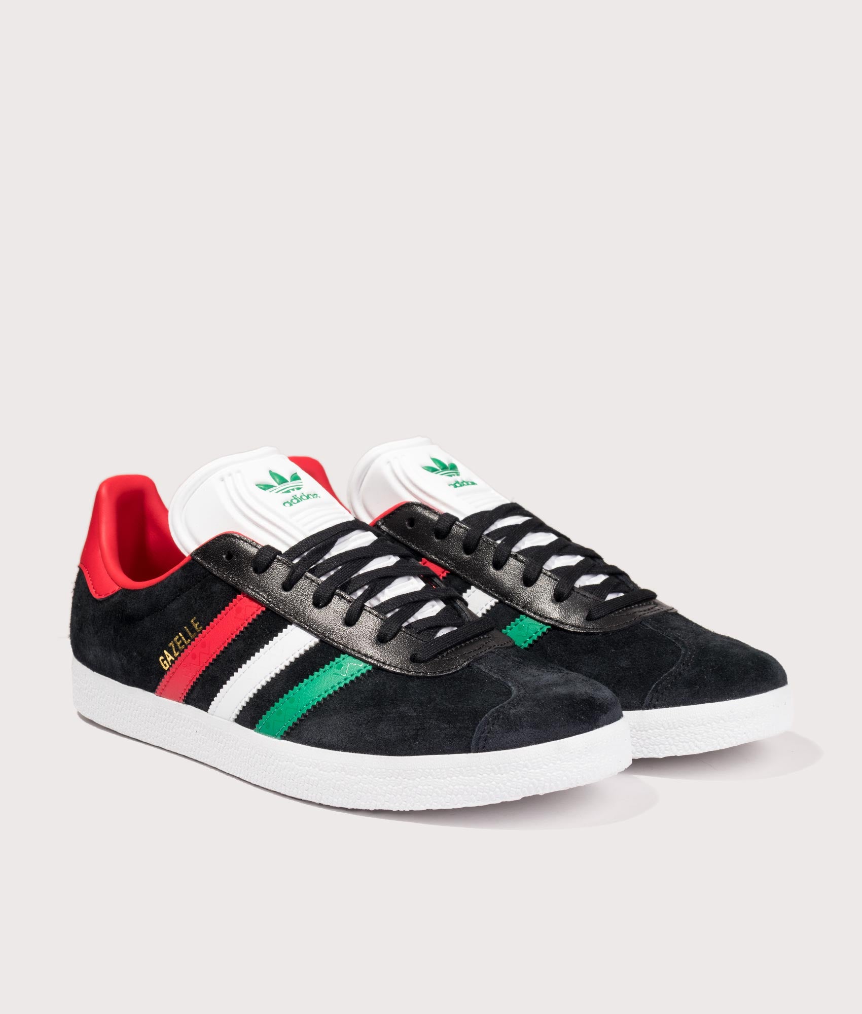 adidas X Someone Somewhere Gazelle Trainers in Core Black, Footwear White and Better Scarlet at EQVVS Menswear. Angled front shot.