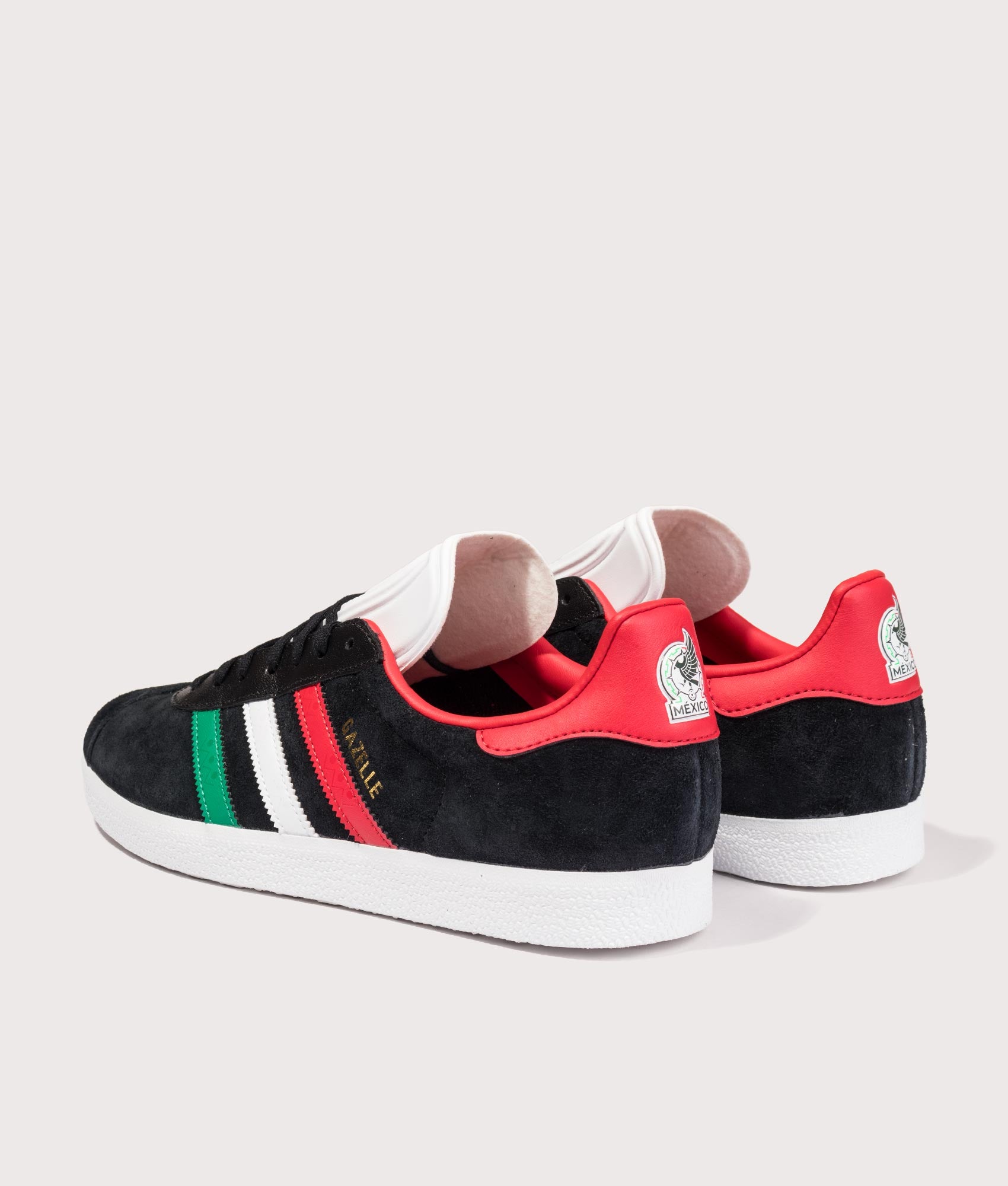 adidas X Someone Somewhere Gazelle Trainers in Core Black, Footwear White and Better Scarlet at EQVVS Menswear. Angled back shot.