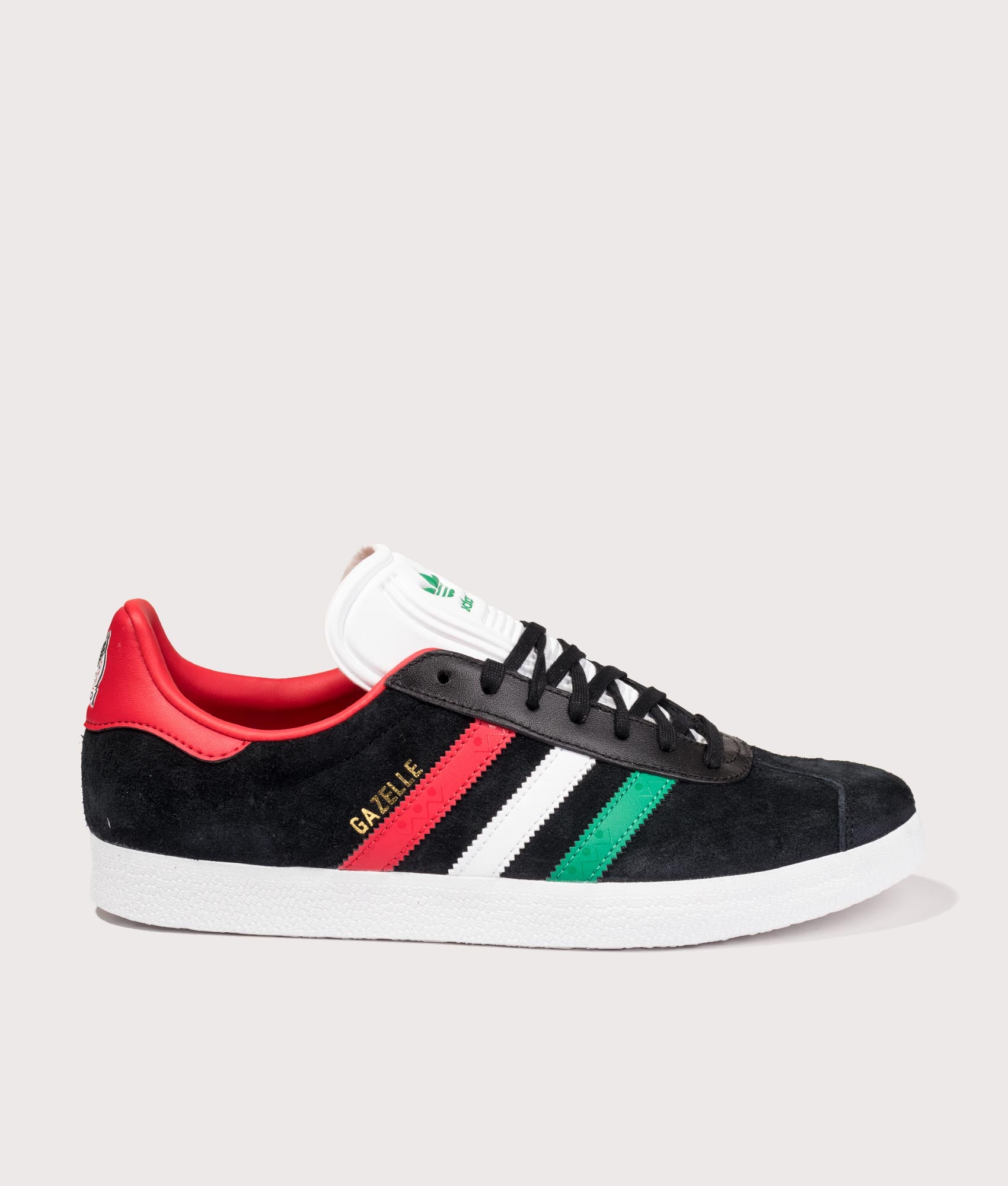 adidas X Someone Somewhere Gazelle Trainers in Core Black, Footwear White and Better Scarlet at EQVVS Menswear. Side detail shot.