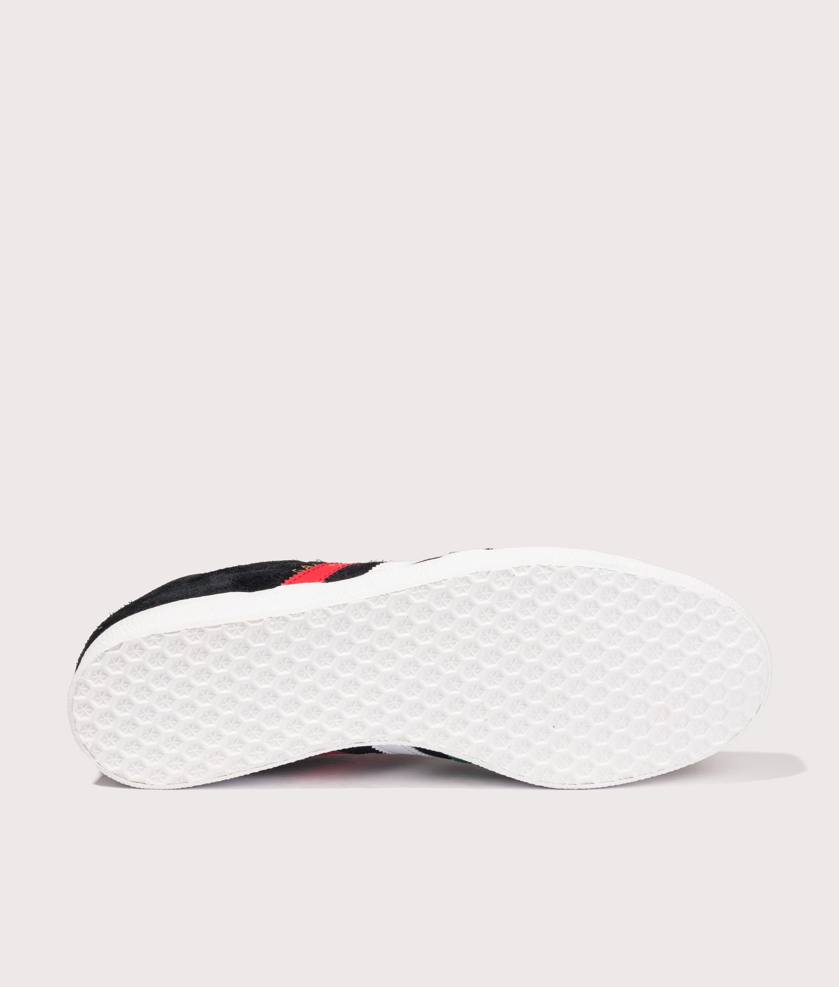 adidas X Someone Somewhere Gazelle Trainers in Core Black, Footwear White and Better Scarlet at EQVVS Menswear.  Tread shot.